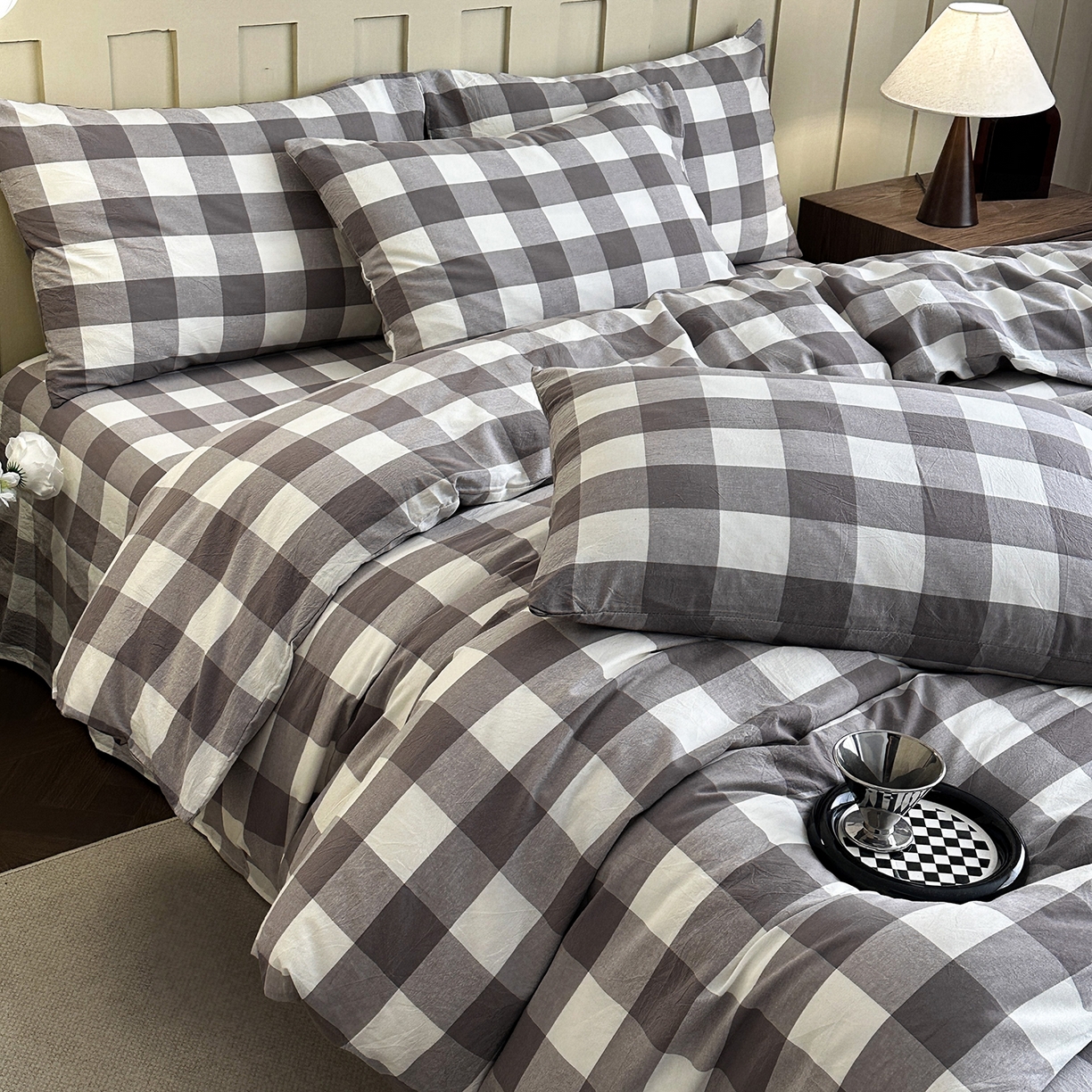 91家纺网 家纺一手货源 找家纺 蓝梦 2026新款全棉纯棉色织水洗棉简约四件套-大格 可可灰