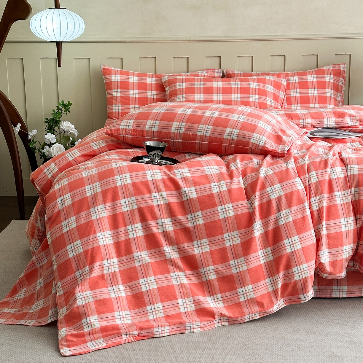 91家纺网 家纺一手货源 找家纺 蓝梦 2026新款全棉纯棉色织水洗棉简约四件套-大格 桃粉