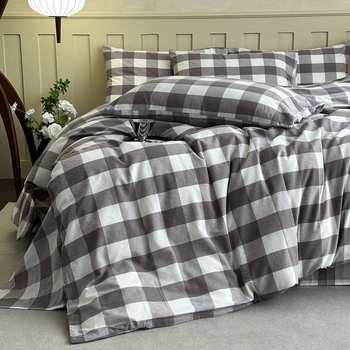 91家纺网 家纺一手货源 找家纺 蓝梦 2026新款全棉纯棉色织水洗棉简约四件套-大格 可可灰