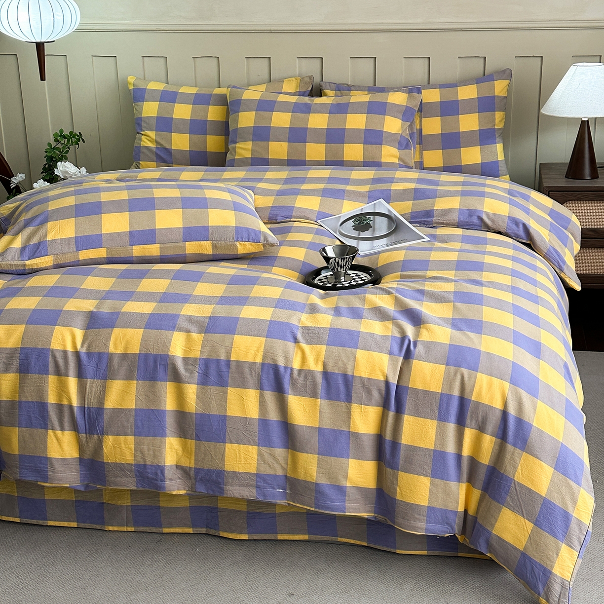 91家纺网 家纺一手货源 找家纺 蓝梦 2026新款全棉纯棉色织水洗棉简约四件套-大格 鹅黄