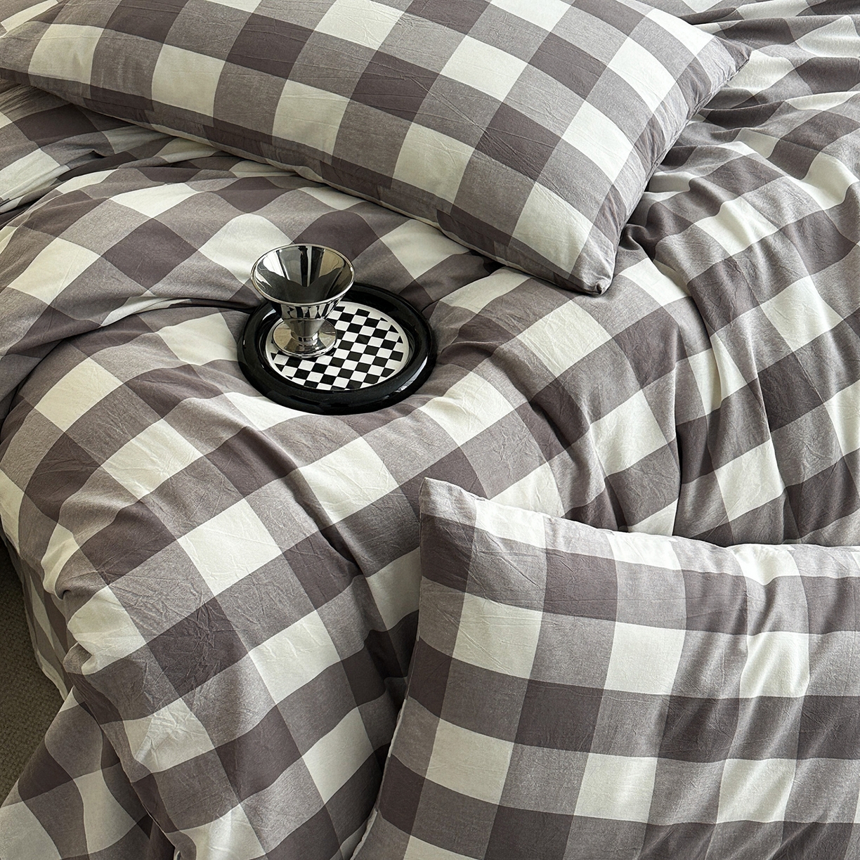 91家纺网 家纺一手货源 找家纺 蓝梦 2026新款全棉纯棉色织水洗棉简约四件套-大格 可可灰