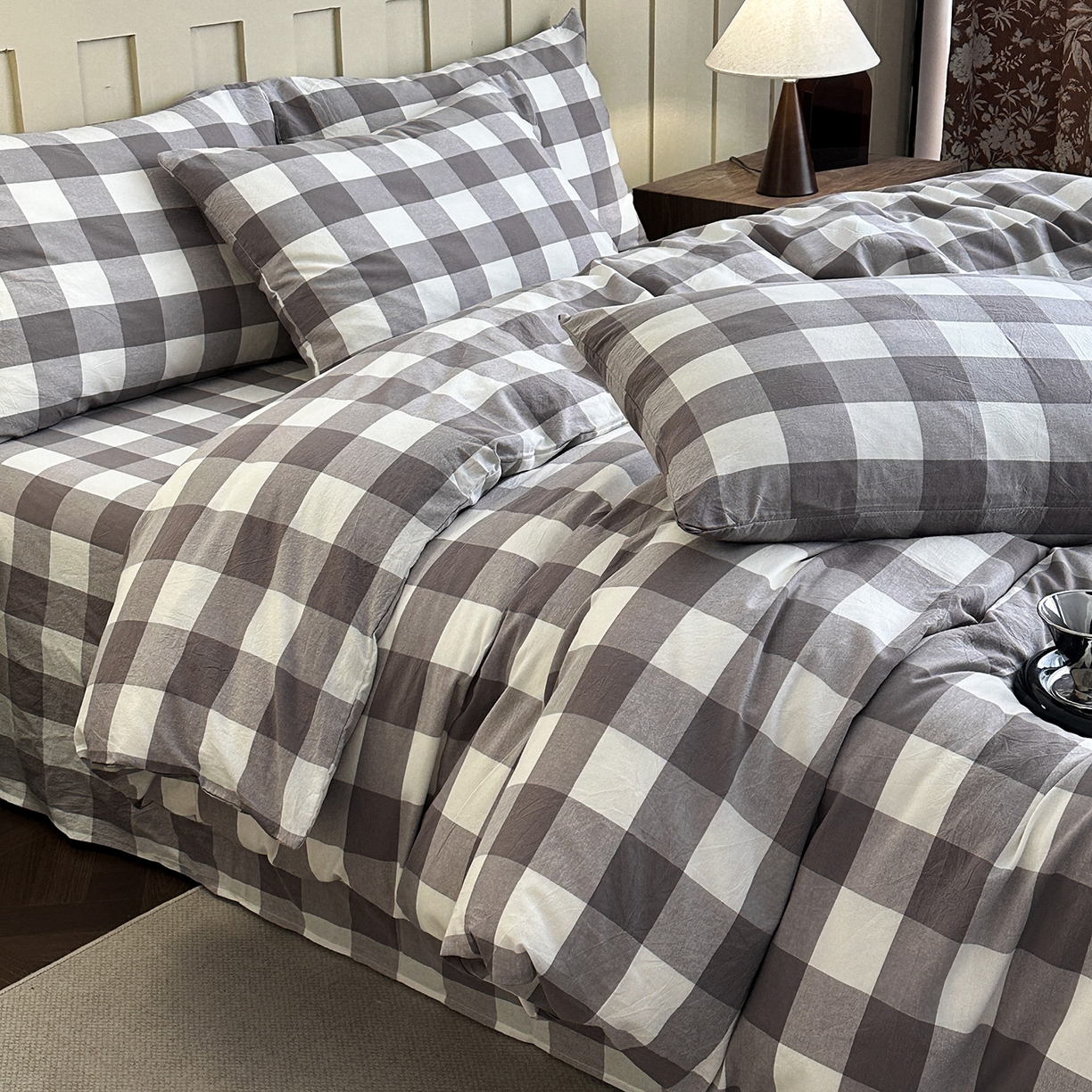 91家纺网 家纺一手货源 找家纺 蓝梦 2026新款全棉纯棉色织水洗棉简约四件套-大格 可可灰