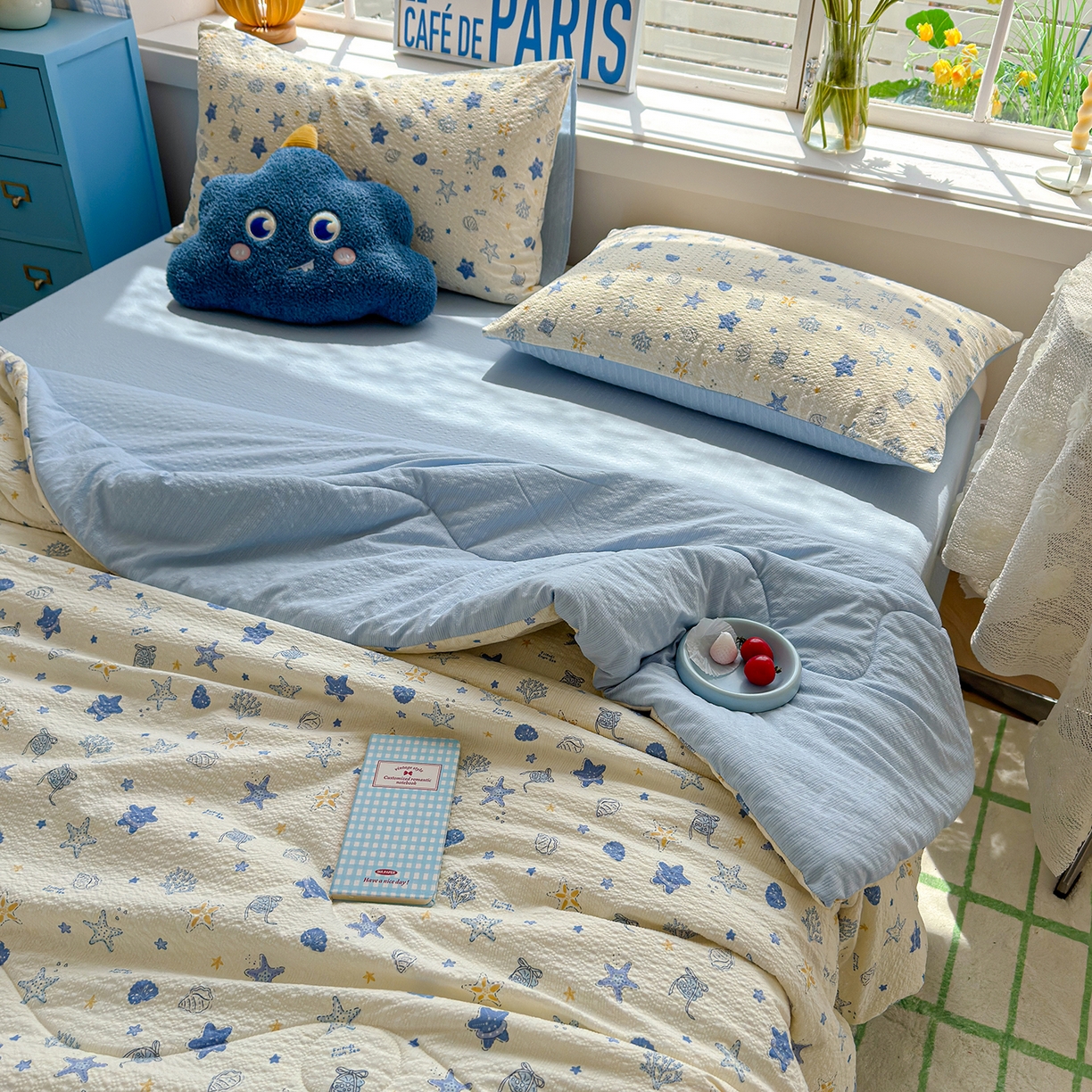 91家纺网 家纺一手货源 找家纺 玉海棠家纺 2026新款云感泡芙棉夏被空调被夏凉被四件套 蓝海星