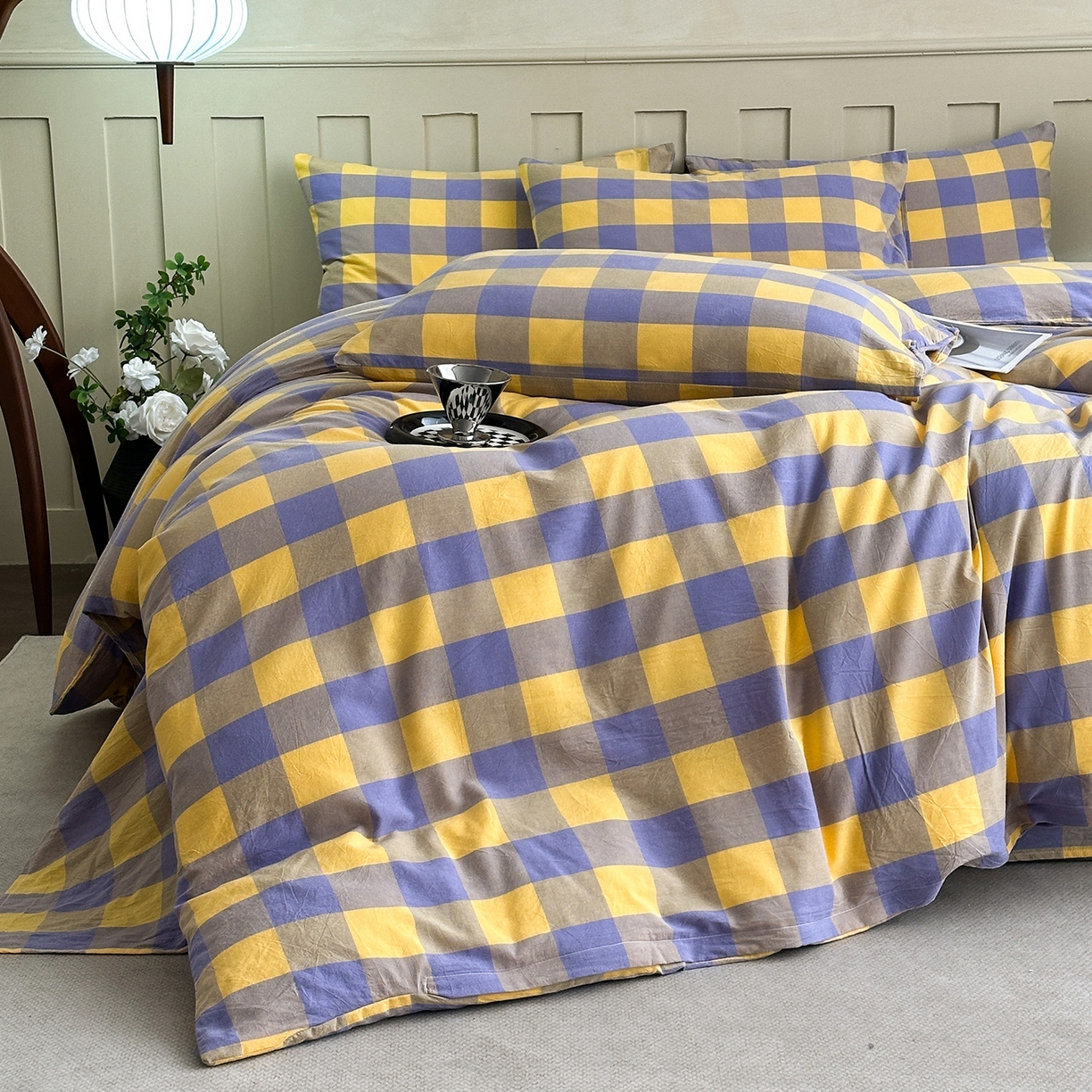 91家纺网 家纺一手货源 找家纺 蓝梦 2026新款全棉纯棉色织水洗棉简约四件套-大格 鹅黄