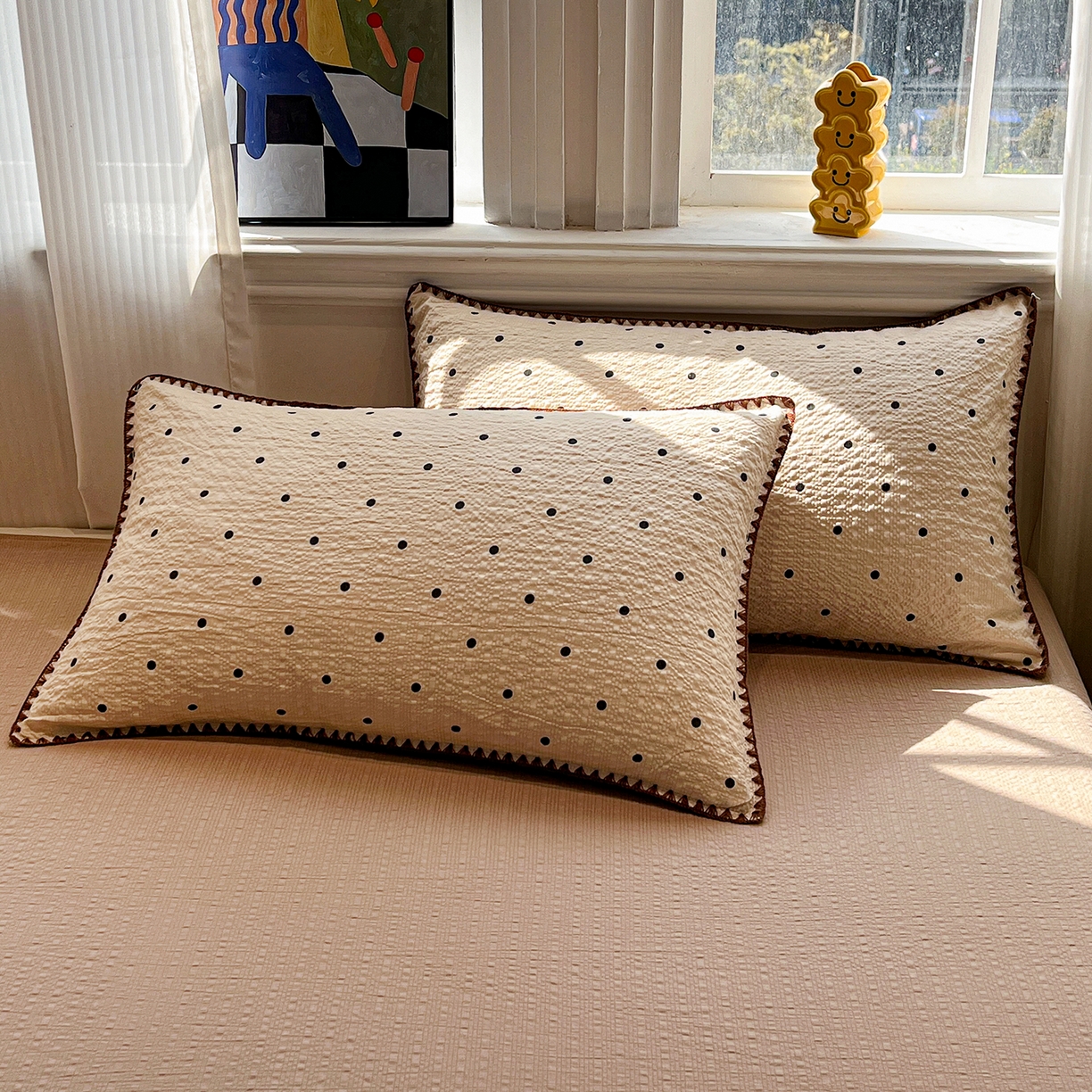 91家纺网 家纺一手货源 找家纺 仟网汇 2026新款三角针贝壳边泡芙纱夏被四件套 三角针夏被-焦糖豆豆