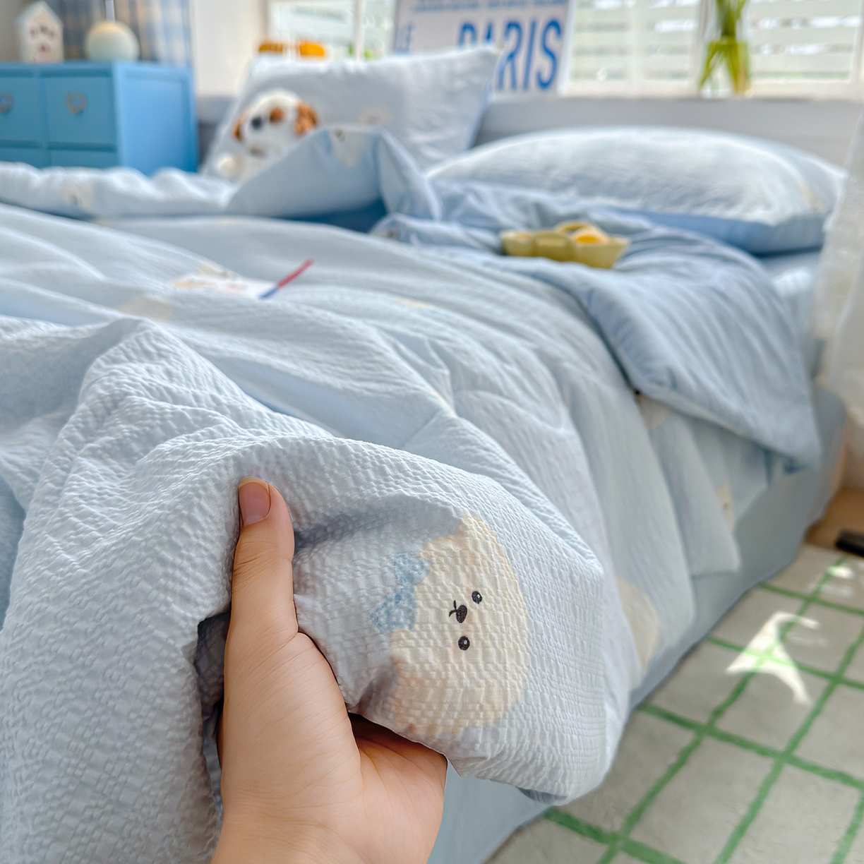 91家纺网 家纺一手货源 找家纺 玉海棠家纺 2026新款云感泡芙棉夏被空调被夏凉被四件套 萌萌狗