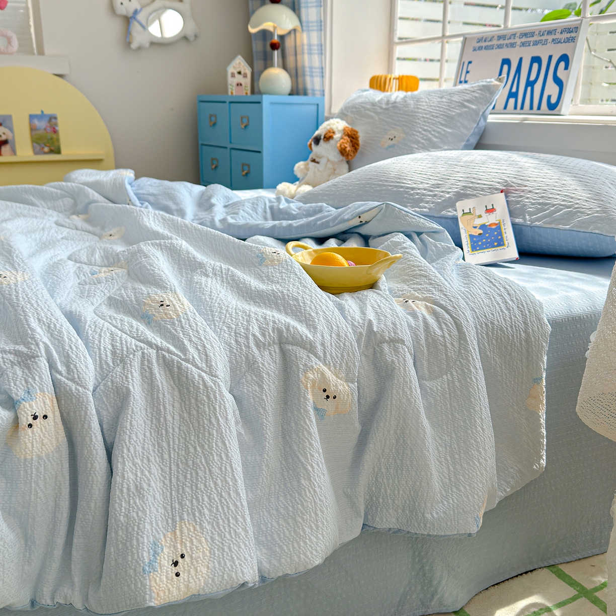 91家纺网 家纺一手货源 找家纺 玉海棠家纺 2026新款云感泡芙棉夏被空调被夏凉被四件套 萌萌狗