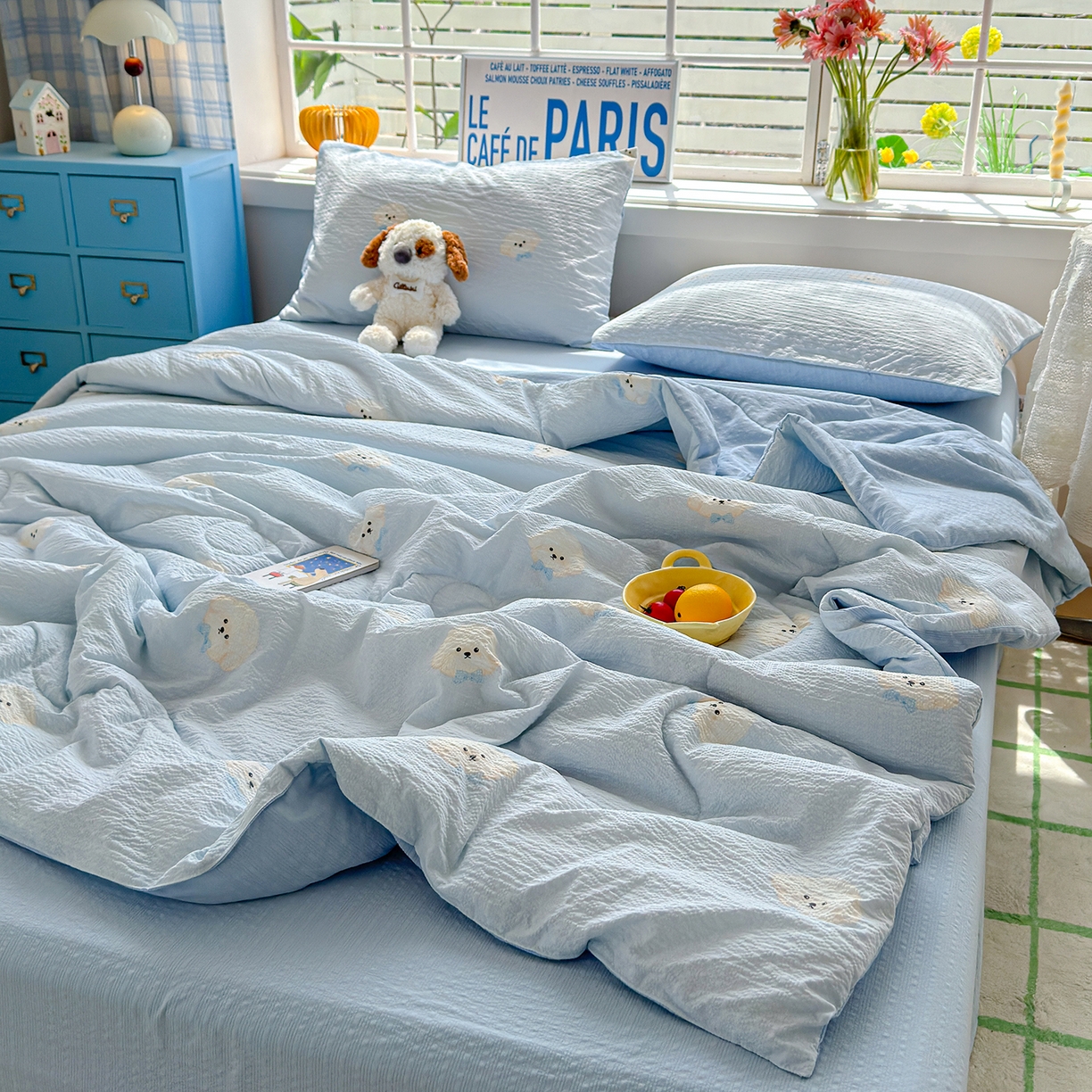 91家纺网 家纺一手货源 找家纺 玉海棠家纺 2026新款云感泡芙棉夏被空调被夏凉被四件套 萌萌狗