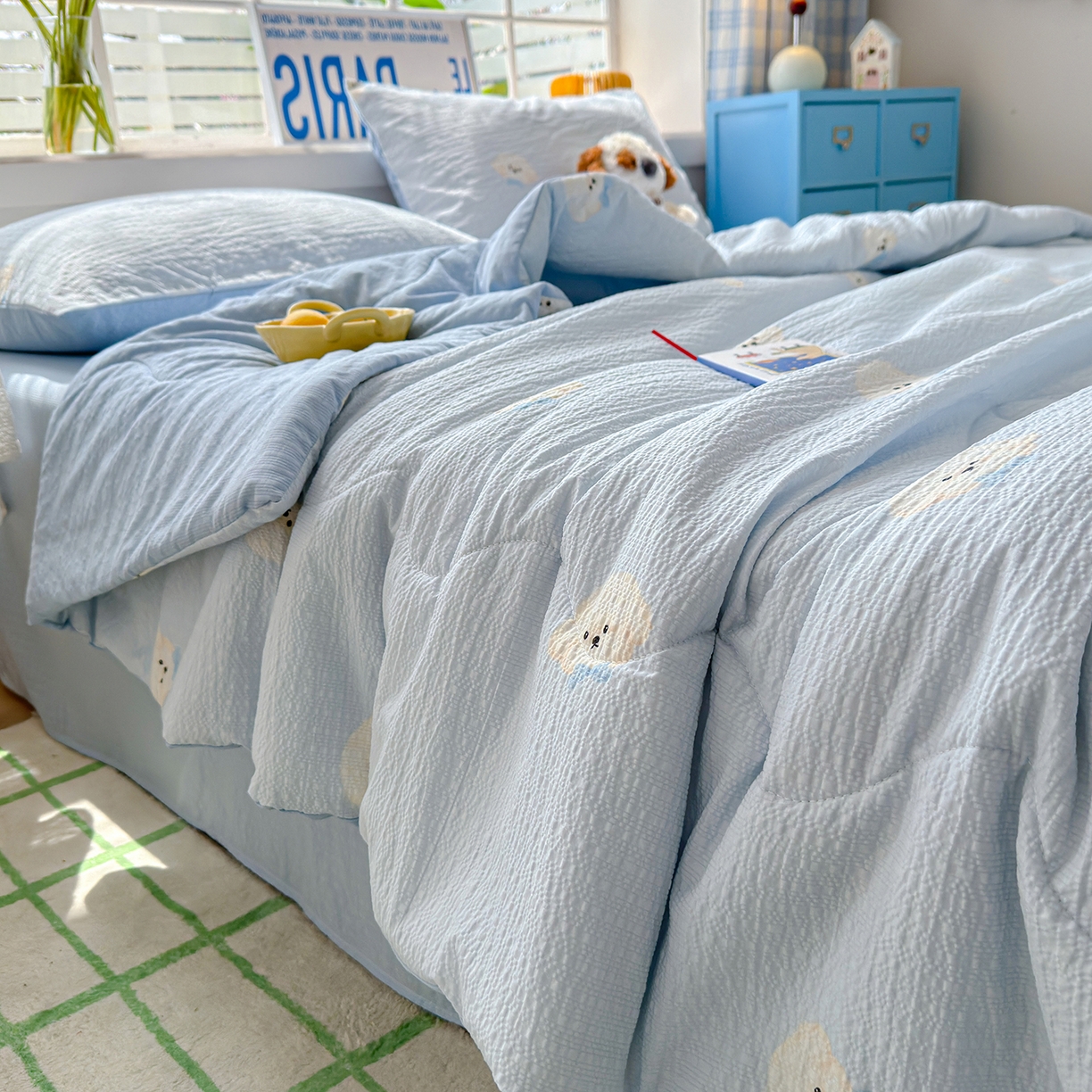 91家纺网 家纺一手货源 找家纺 玉海棠家纺 2026新款云感泡芙棉夏被空调被夏凉被四件套 萌萌狗