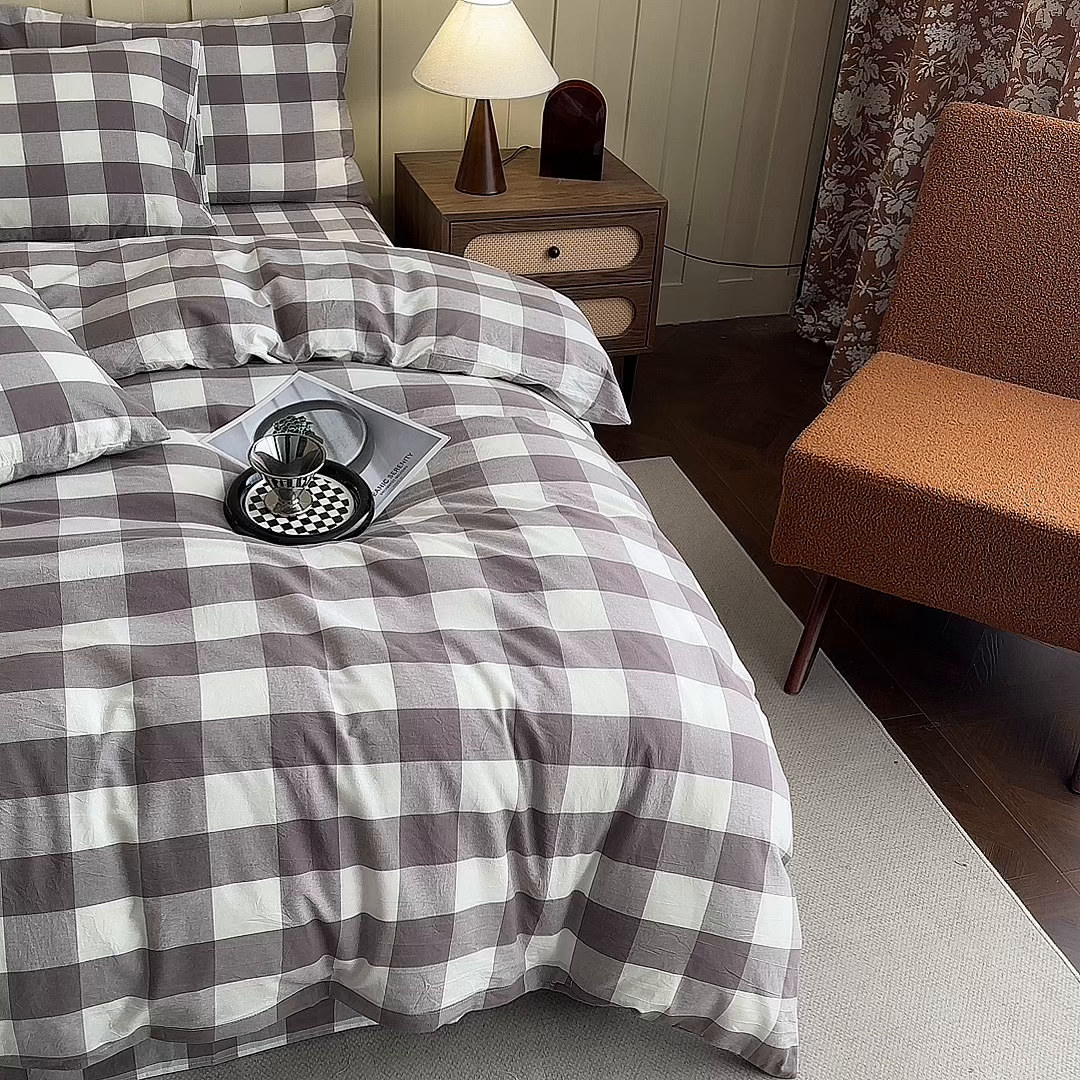 91家纺网 家纺一手货源 找家纺 蓝梦 2026新款全棉纯棉色织水洗棉简约四件套-大格 可可灰