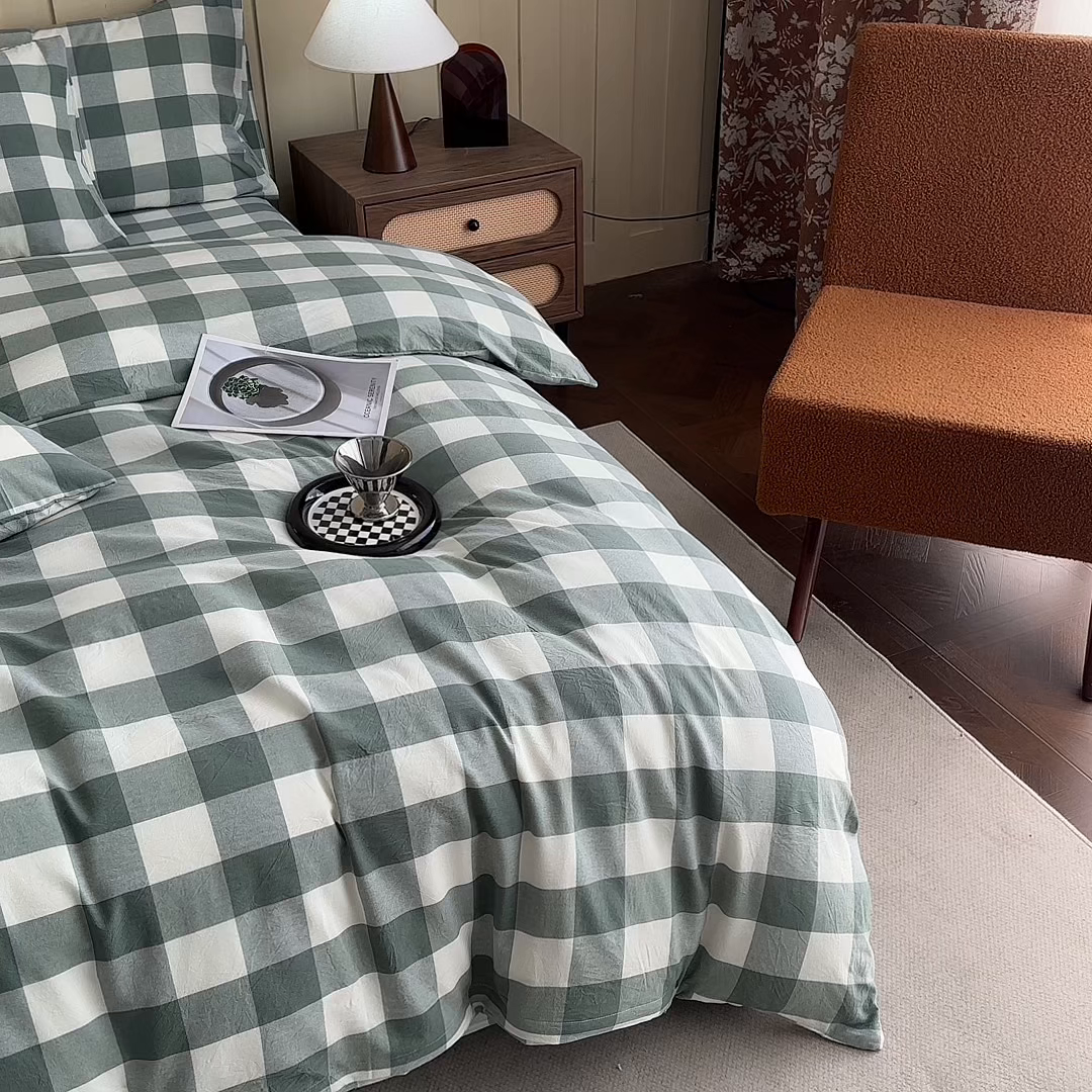 91家纺网 家纺一手货源 找家纺 蓝梦 2026新款全棉纯棉色织水洗棉简约四件套-大格 艾格绿