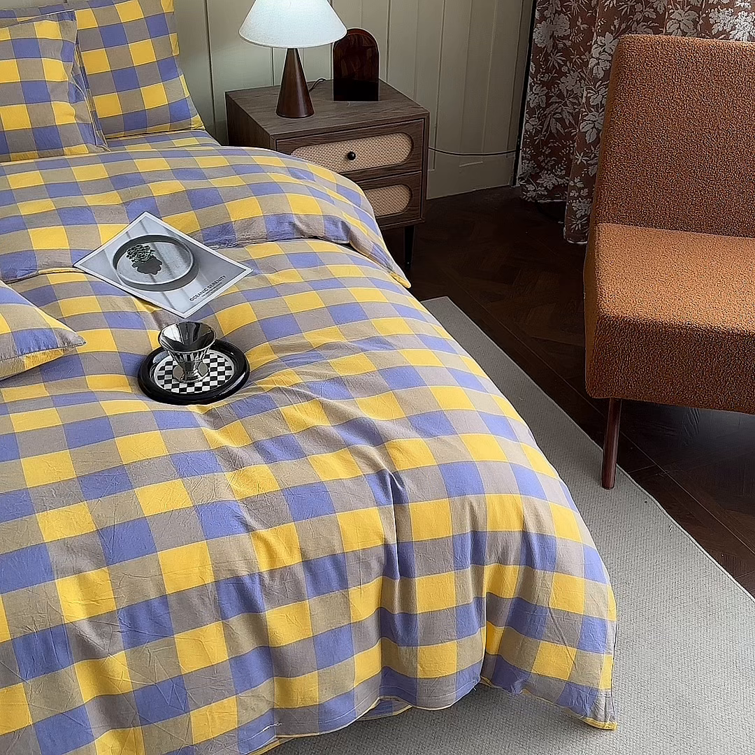 91家纺网 家纺一手货源 找家纺 蓝梦 2026新款全棉纯棉色织水洗棉简约四件套-大格 鹅黄