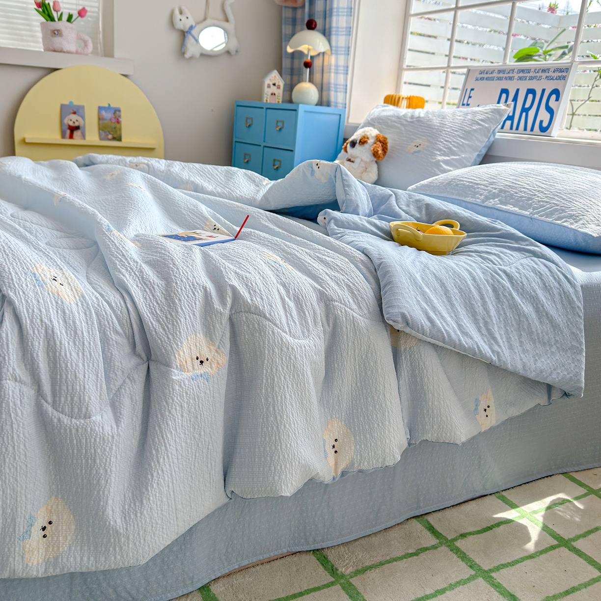 91家纺网 家纺一手货源 找家纺 玉海棠家纺 2026新款云感泡芙棉夏被空调被夏凉被四件套 萌萌狗