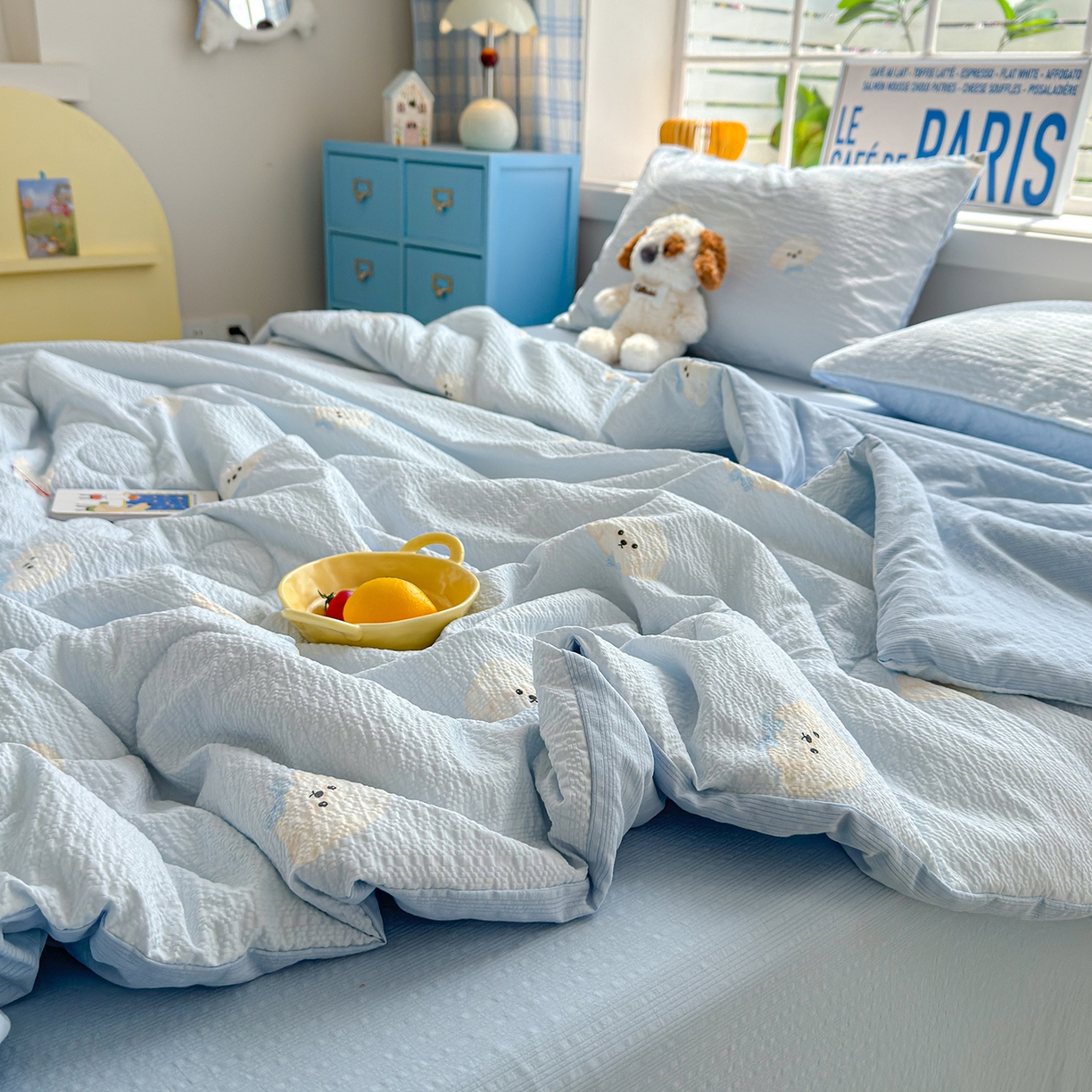 91家纺网 家纺一手货源 找家纺 玉海棠家纺 2026新款云感泡芙棉夏被空调被夏凉被四件套 萌萌狗