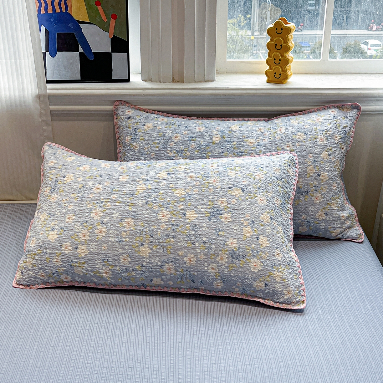 91家纺网 家纺一手货源 找家纺 仟网汇 2026新款三角针贝壳边泡芙纱夏被四件套 三角针夏被-蓝樱