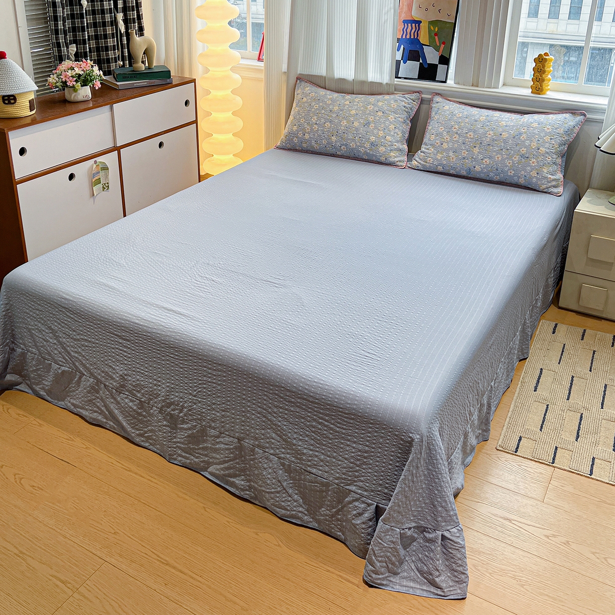 91家纺网 家纺一手货源 找家纺 仟网汇 2026新款三角针贝壳边泡芙纱夏被四件套 三角针夏被-蓝樱