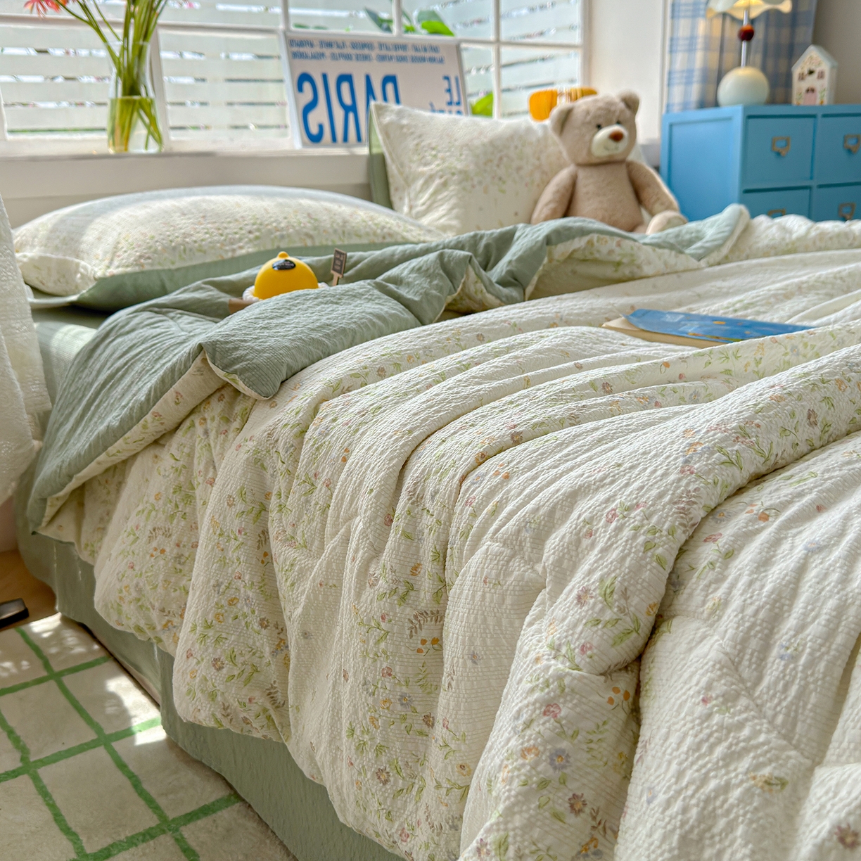 91家纺网 家纺一手货源 找家纺 玉海棠家纺 2026新款云感泡芙棉夏被空调被夏凉被四件套 浅夏