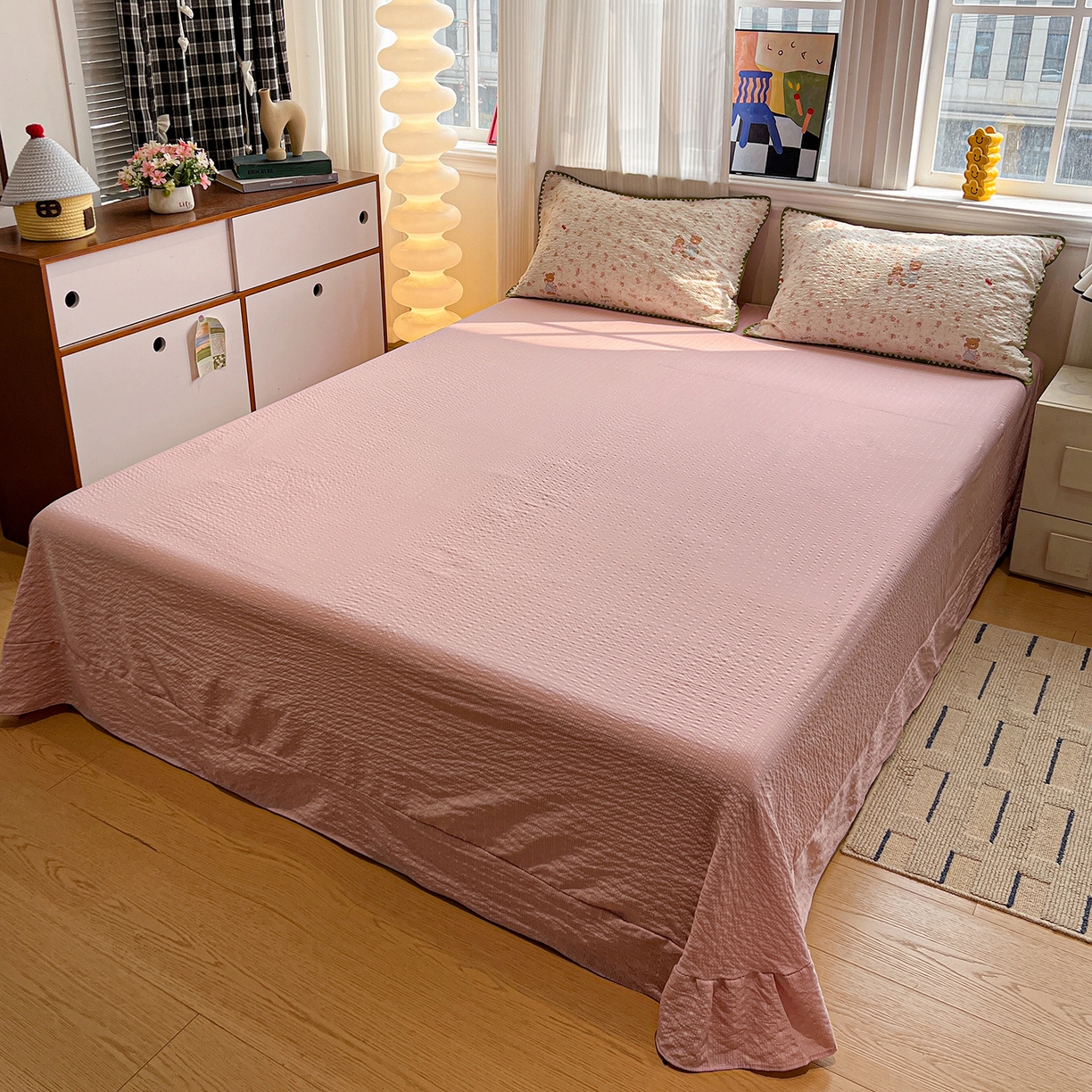 91家纺网 家纺一手货源 找家纺 仟网汇 2026新款三角针贝壳边泡芙纱夏被四件套 三角针夏被-浪漫满屋