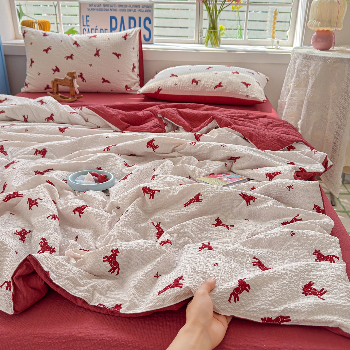 玉海棠家纺 2026新款云感泡芙棉夏被空调被夏凉被四件套 轻梦赤马