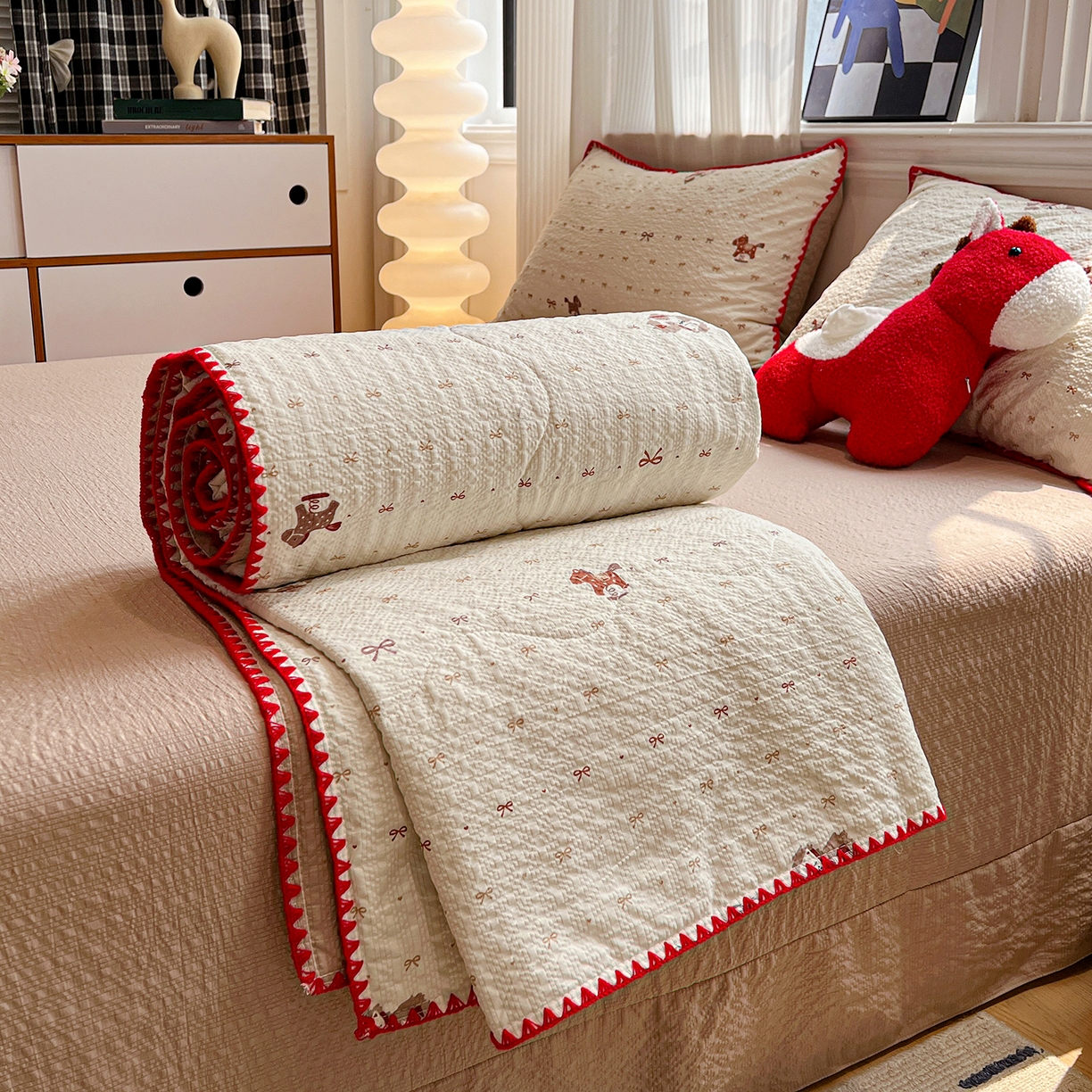 仟网汇 2026新款三角针贝壳边泡芙纱夏被四件套 三角针夏被-梦幻小马