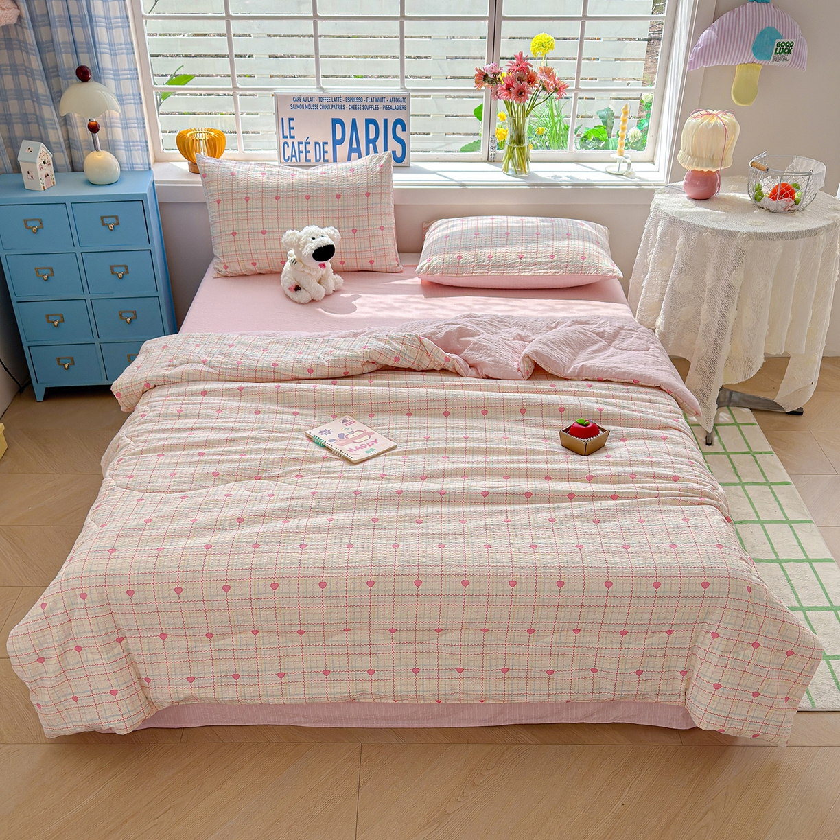 91家纺网 家纺一手货源 找家纺 玉海棠家纺 2026新款云感泡芙棉夏被空调被夏凉被四件套 心遇格纹