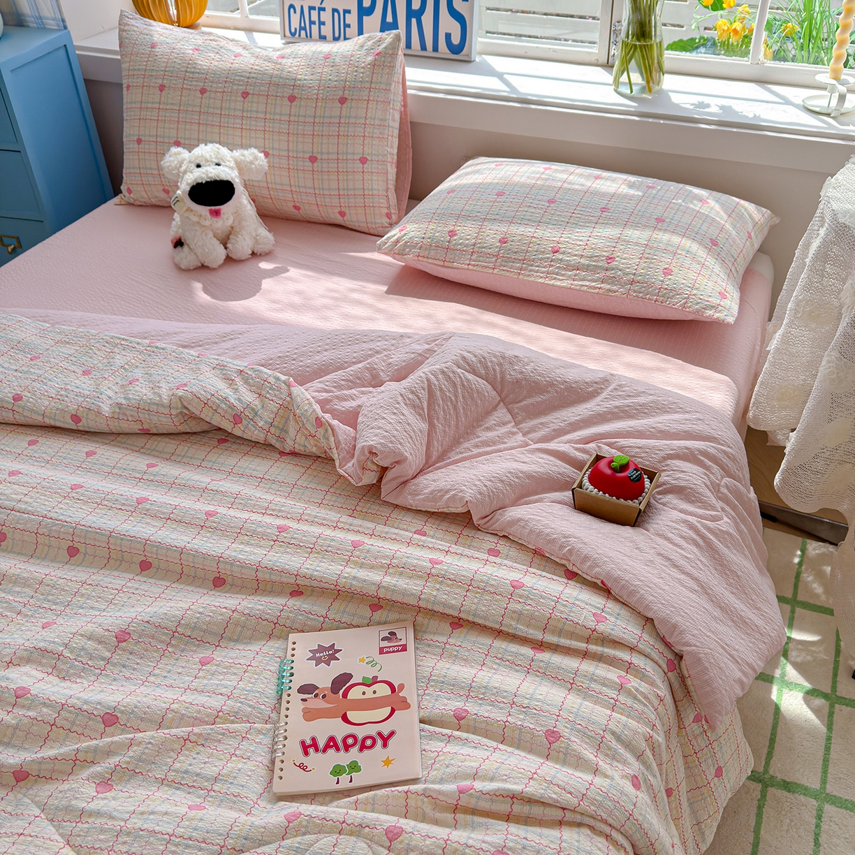 91家纺网 家纺一手货源 找家纺 玉海棠家纺 2026新款云感泡芙棉夏被空调被夏凉被四件套 心遇格纹