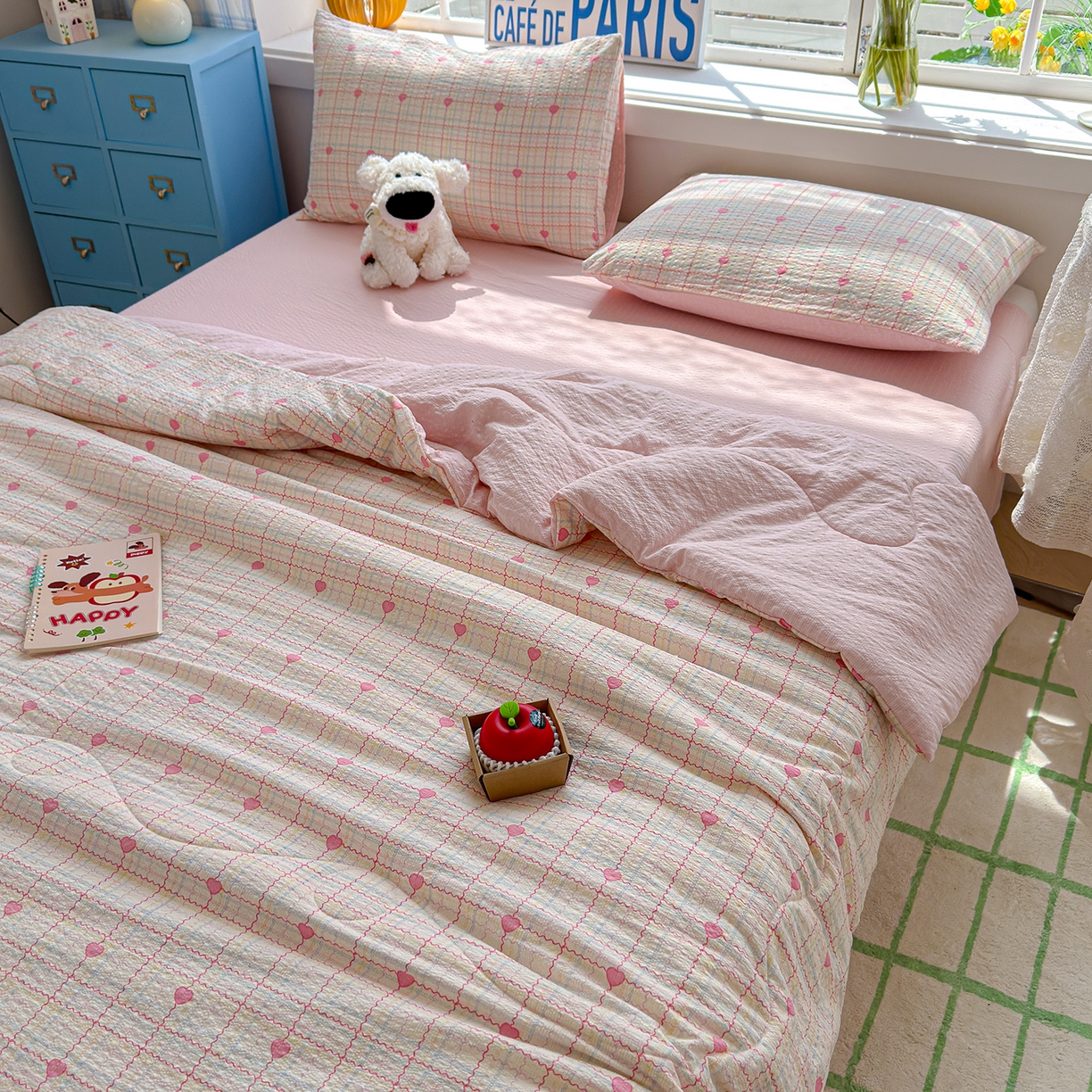 91家纺网 家纺一手货源 找家纺 玉海棠家纺 2026新款云感泡芙棉夏被空调被夏凉被四件套 心遇格纹