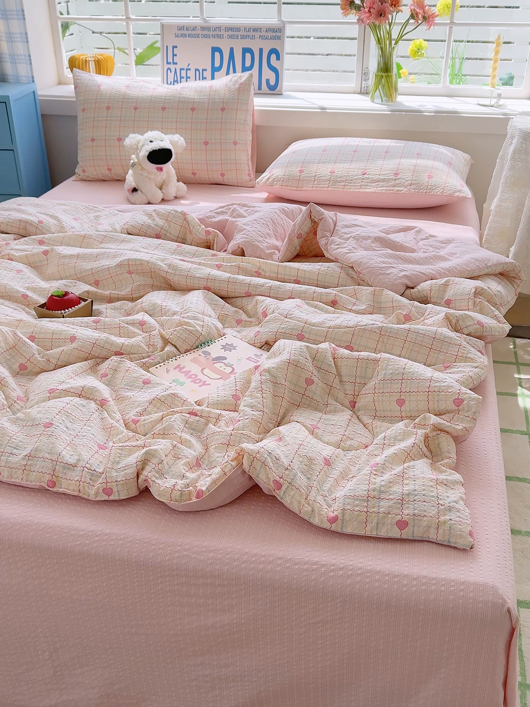 91家纺网 家纺一手货源 找家纺 玉海棠家纺 2026新款云感泡芙棉夏被空调被夏凉被四件套 心遇格纹