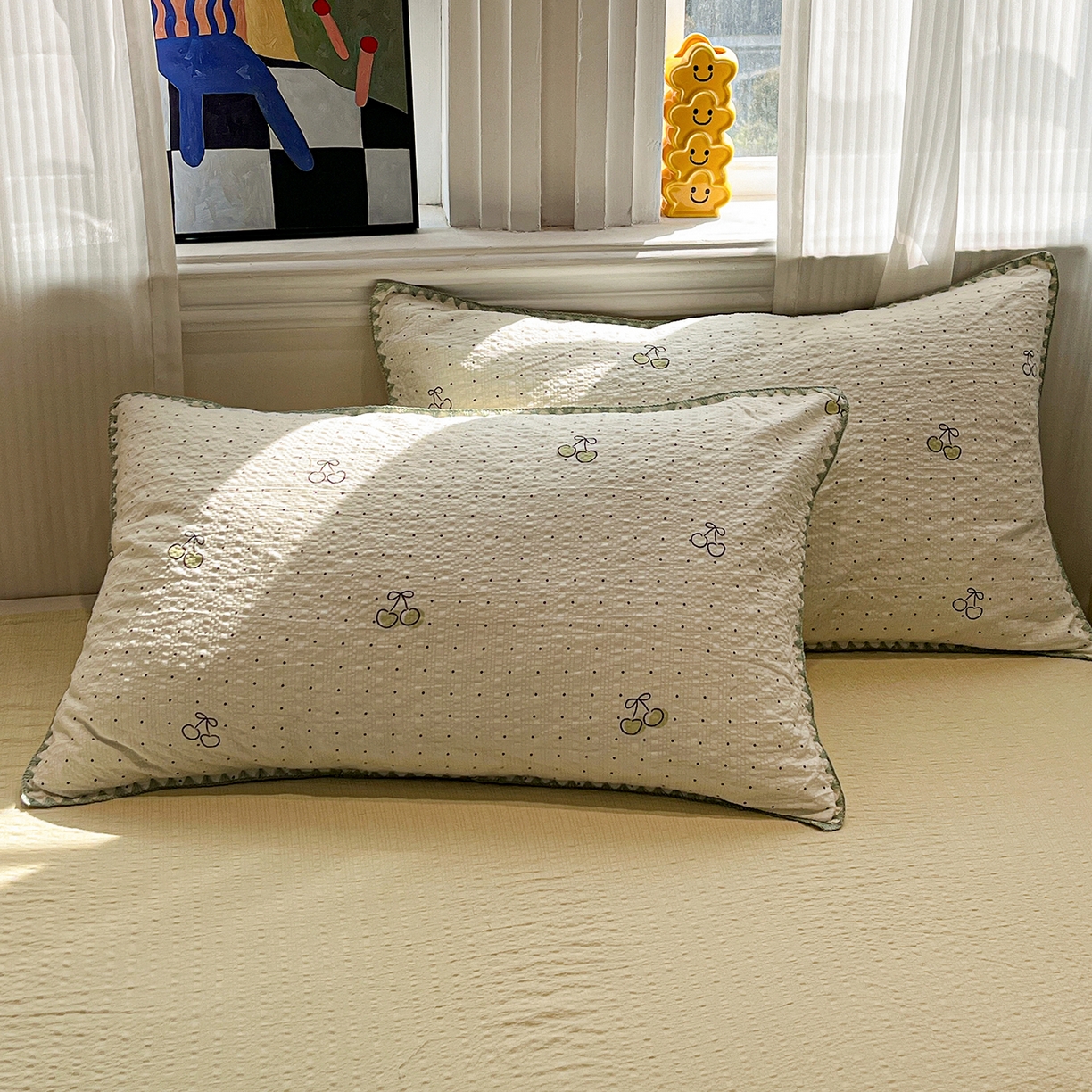 91家纺网 家纺一手货源 找家纺 仟网汇 2026新款三角针贝壳边泡芙纱夏被四件套 三角针夏被-青色樱桃