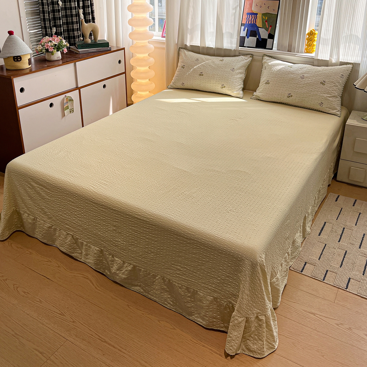 91家纺网 家纺一手货源 找家纺 仟网汇 2026新款三角针贝壳边泡芙纱夏被四件套 三角针夏被-青色樱桃