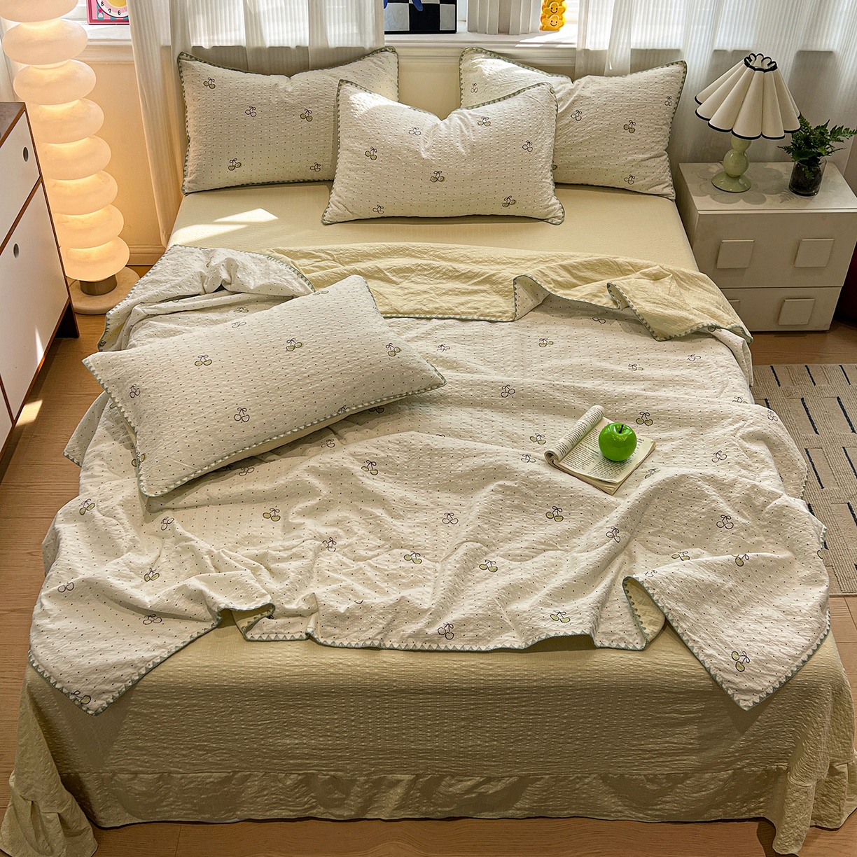 91家纺网 家纺一手货源 找家纺 仟网汇 2026新款三角针贝壳边泡芙纱夏被四件套 三角针夏被-青色樱桃