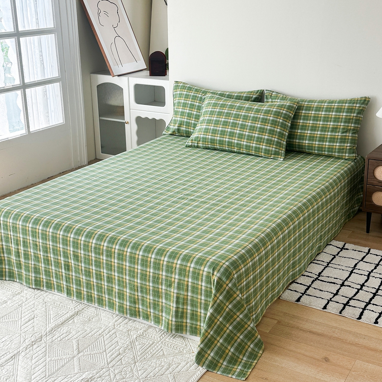 91家纺网 家纺一手货源 找家纺 蓝梦 2026新款全棉纯棉色织水洗棉简约四件套-繁花 繁花-绿