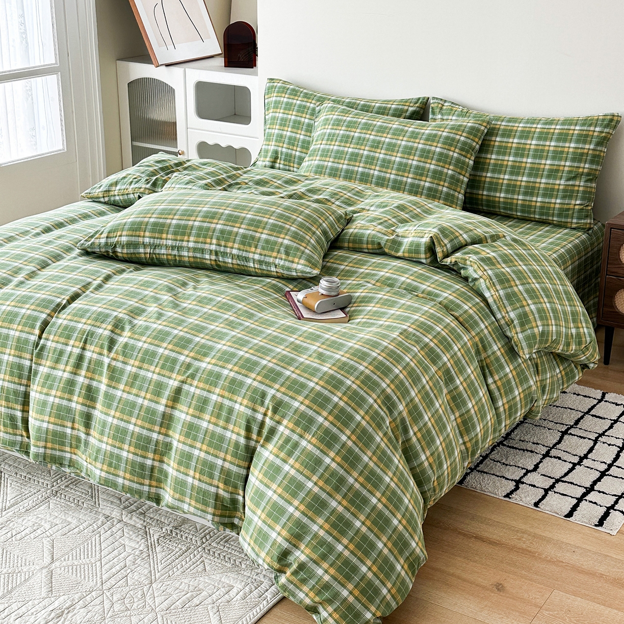 91家纺网 家纺一手货源 找家纺 蓝梦 2026新款全棉纯棉色织水洗棉简约四件套-繁花 繁花-绿