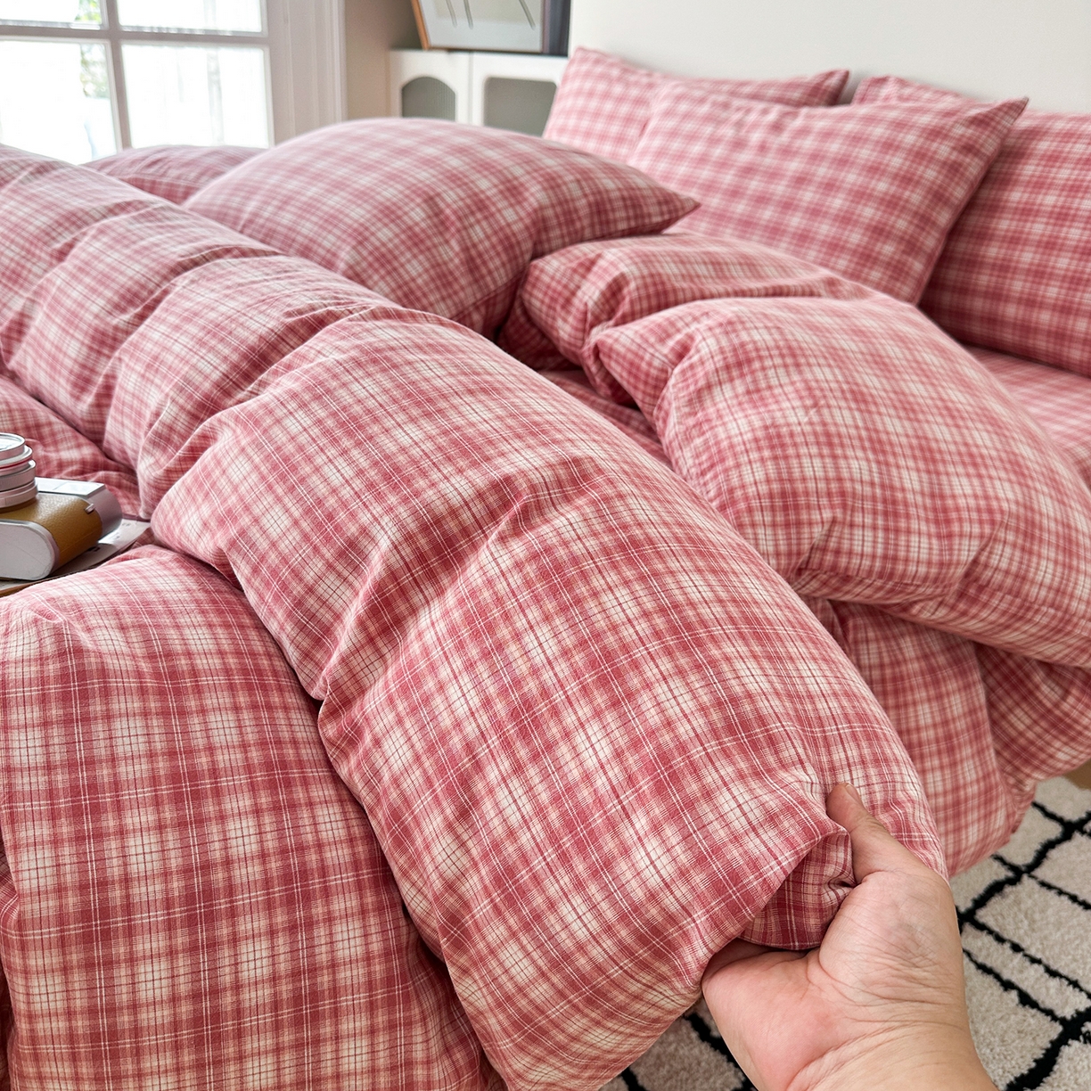 蓝梦 2026新款全棉纯棉色织水洗棉简约四件套-繁花 繁花-粉