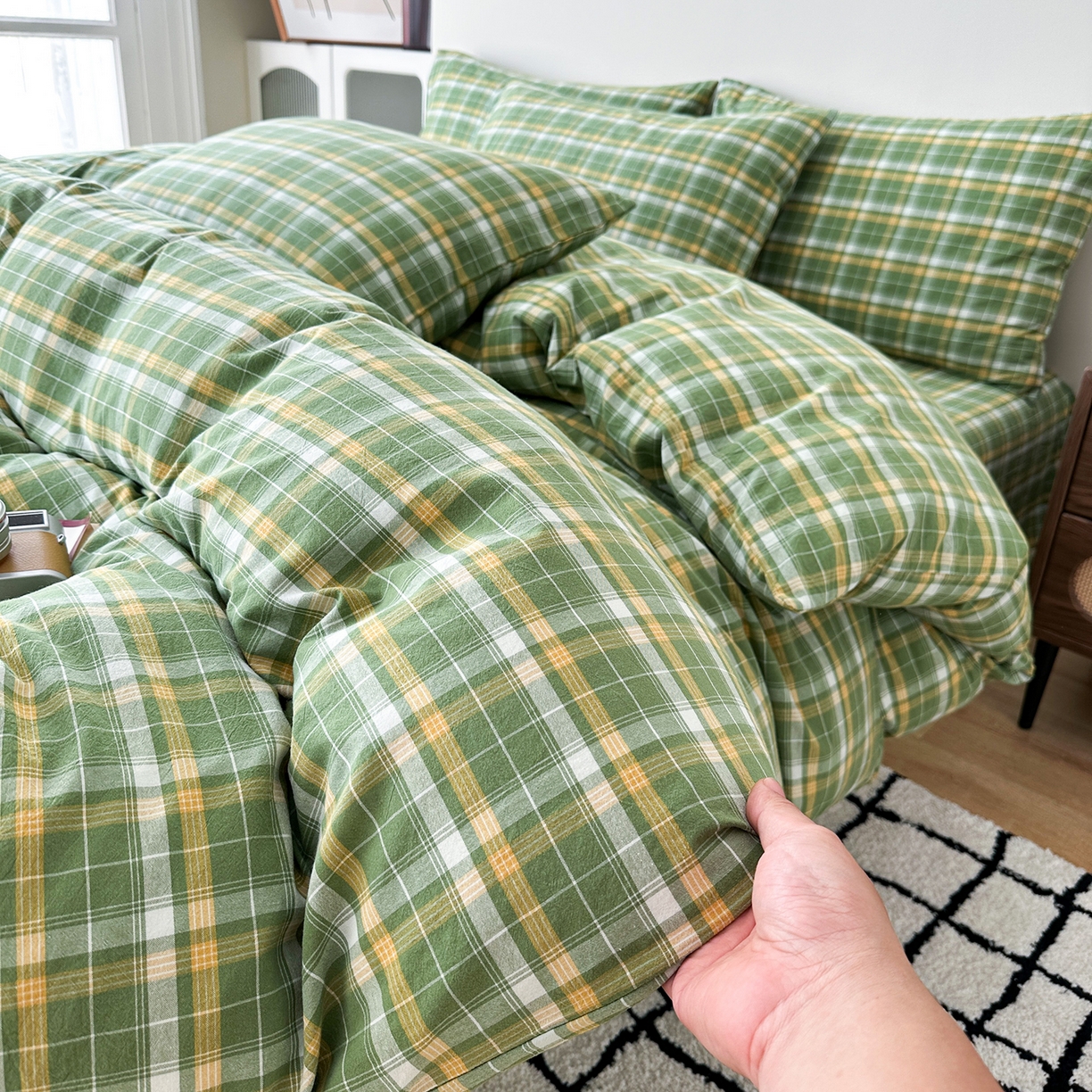 蓝梦 2026新款全棉纯棉色织水洗棉简约四件套-繁花 繁花-绿