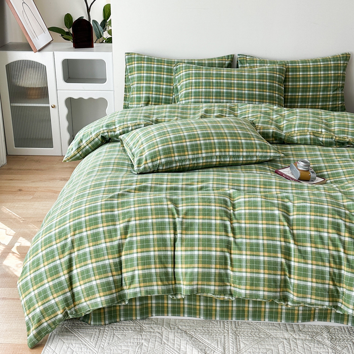 91家纺网 家纺一手货源 找家纺 蓝梦 2026新款全棉纯棉色织水洗棉简约四件套-繁花 繁花-绿