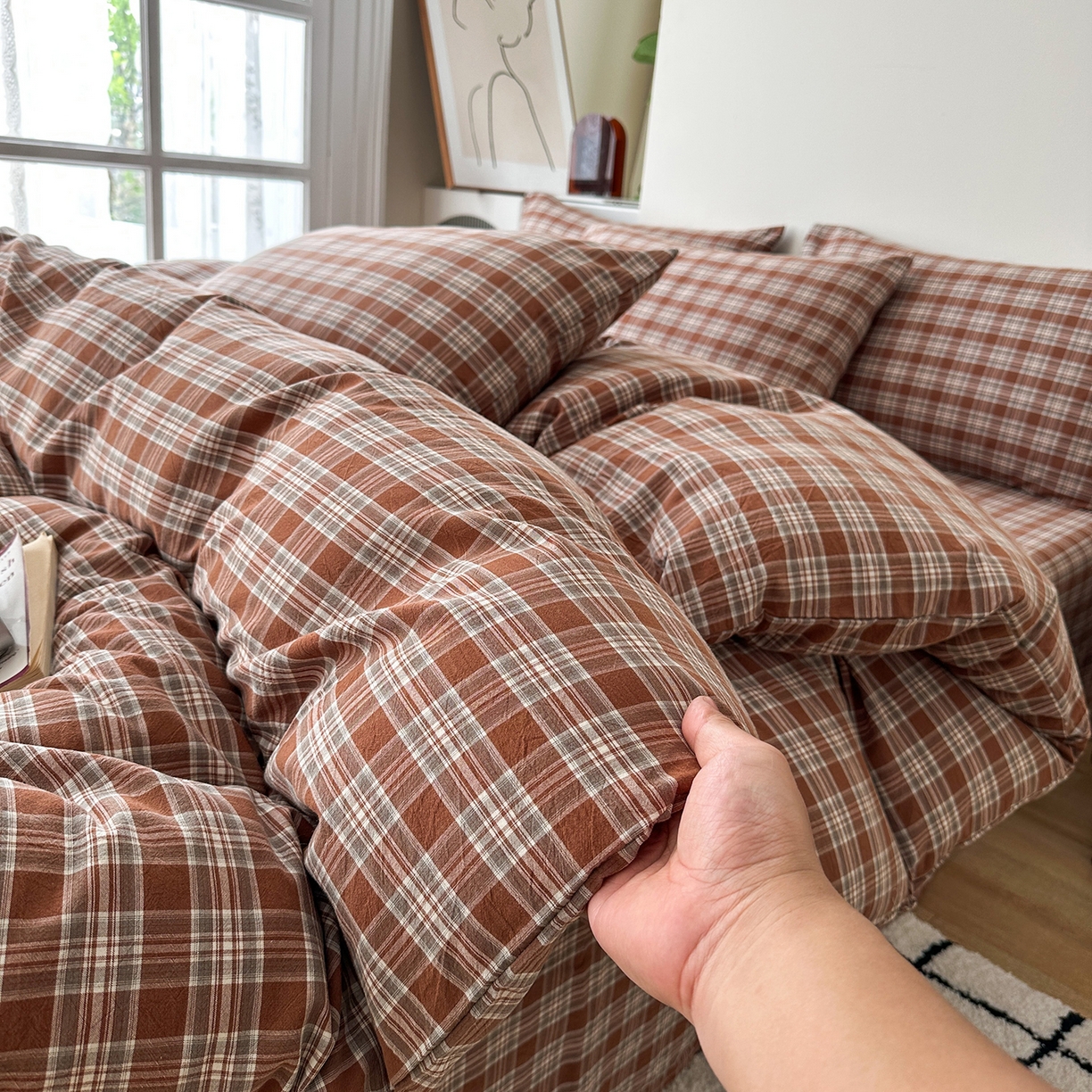 蓝梦 2026新款全棉纯棉色织水洗棉简约四件套-繁花 繁花-咖