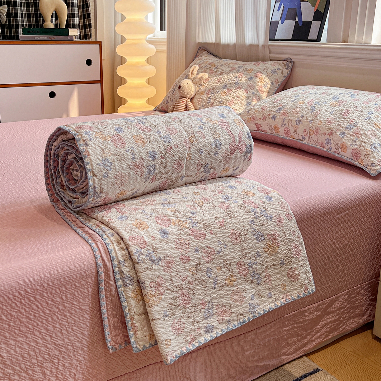 仟网汇 2026新款三角针贝壳边泡芙纱夏被四件套 三角针夏被-诗意柔