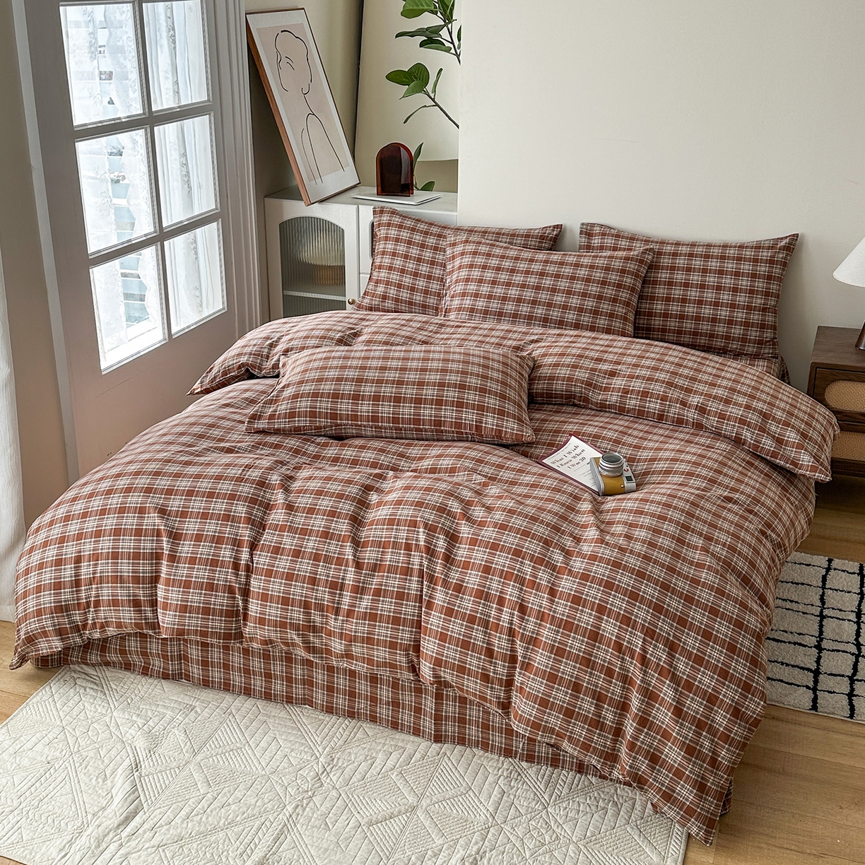 91家纺网 家纺一手货源 找家纺 蓝梦 2026新款全棉纯棉色织水洗棉简约四件套-繁花 繁花-咖