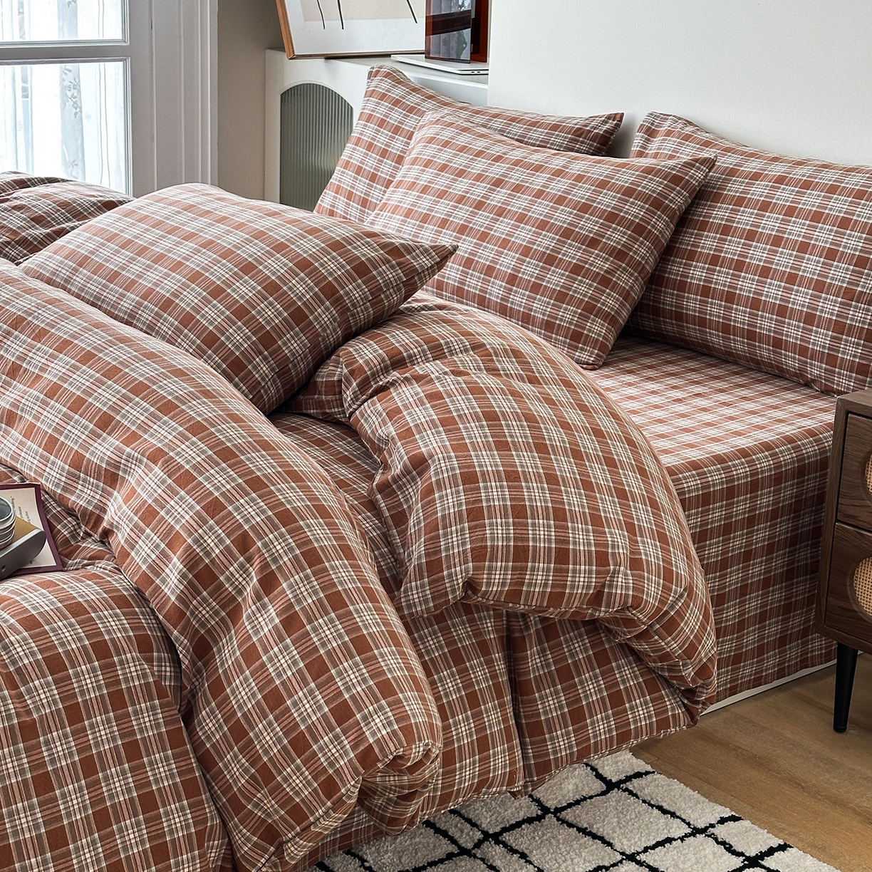 91家纺网 家纺一手货源 找家纺 蓝梦 2026新款全棉纯棉色织水洗棉简约四件套-繁花 繁花-咖