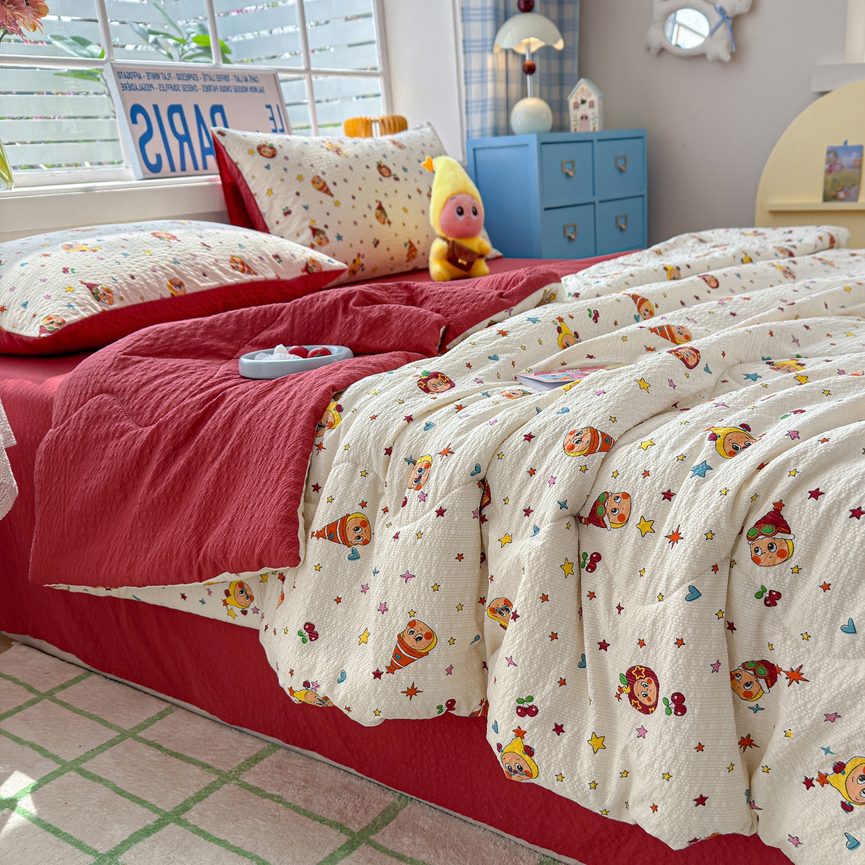 91家纺网 家纺一手货源 找家纺 玉海棠家纺 2026新款云感泡芙棉夏被空调被夏凉被四件套 星梦樱桃