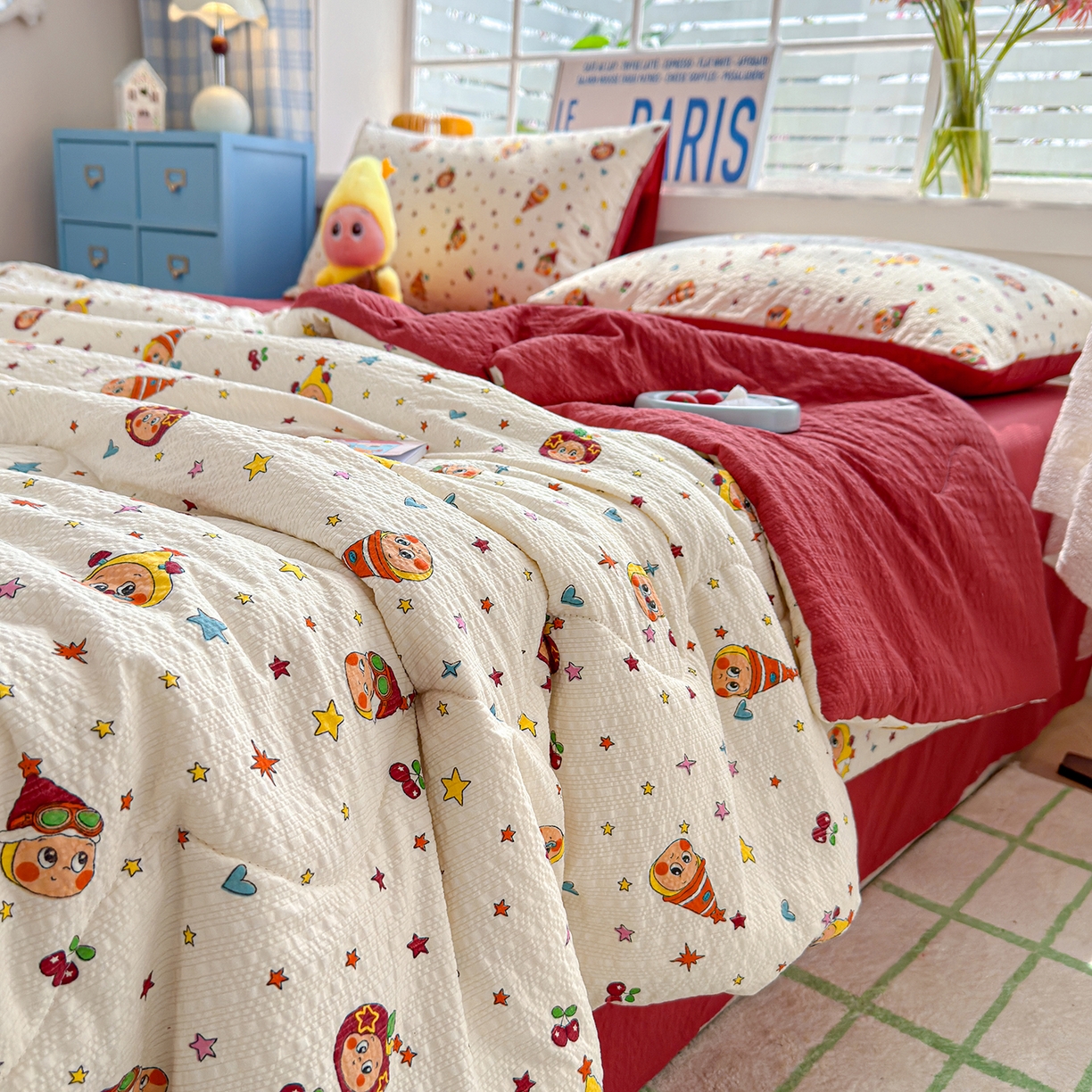 91家纺网 家纺一手货源 找家纺 玉海棠家纺 2026新款云感泡芙棉夏被空调被夏凉被四件套 星梦樱桃