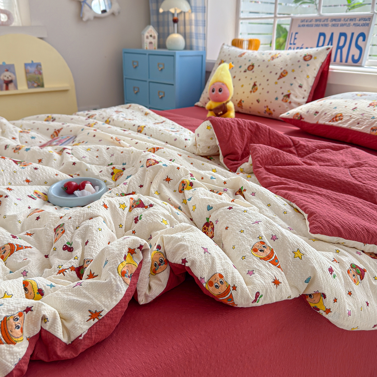 91家纺网 家纺一手货源 找家纺 玉海棠家纺 2026新款云感泡芙棉夏被空调被夏凉被四件套 星梦樱桃