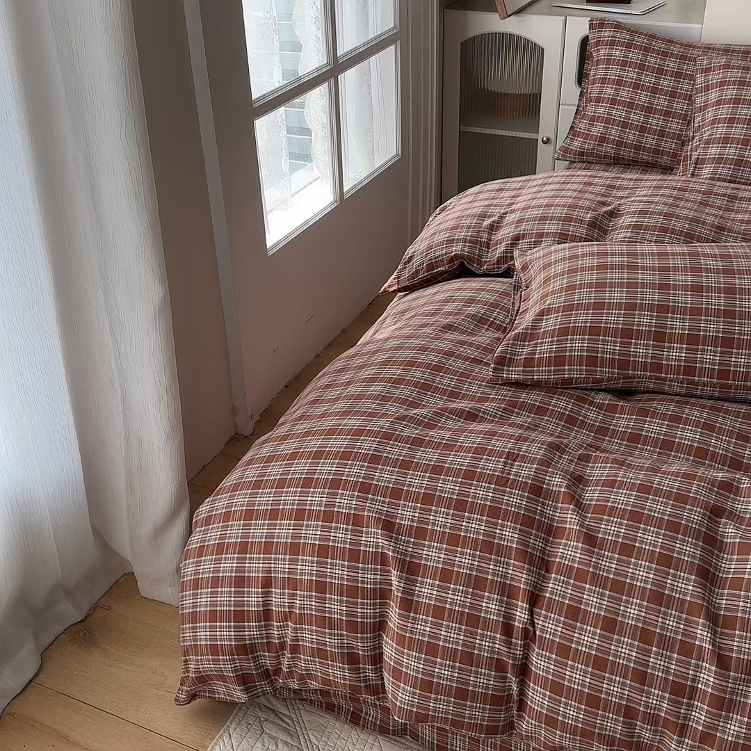 91家纺网 家纺一手货源 找家纺 蓝梦 2026新款全棉纯棉色织水洗棉简约四件套-繁花 繁花-咖