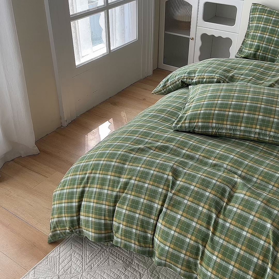 91家纺网 家纺一手货源 找家纺 蓝梦 2026新款全棉纯棉色织水洗棉简约四件套-繁花 繁花-绿