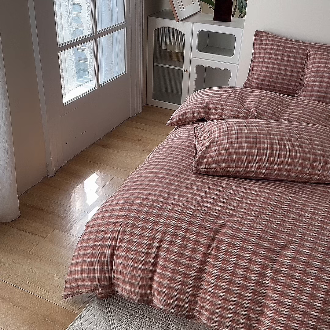 91家纺网 家纺一手货源 找家纺 蓝梦 2026新款全棉纯棉色织水洗棉简约四件套-繁花 繁花-浅驼色