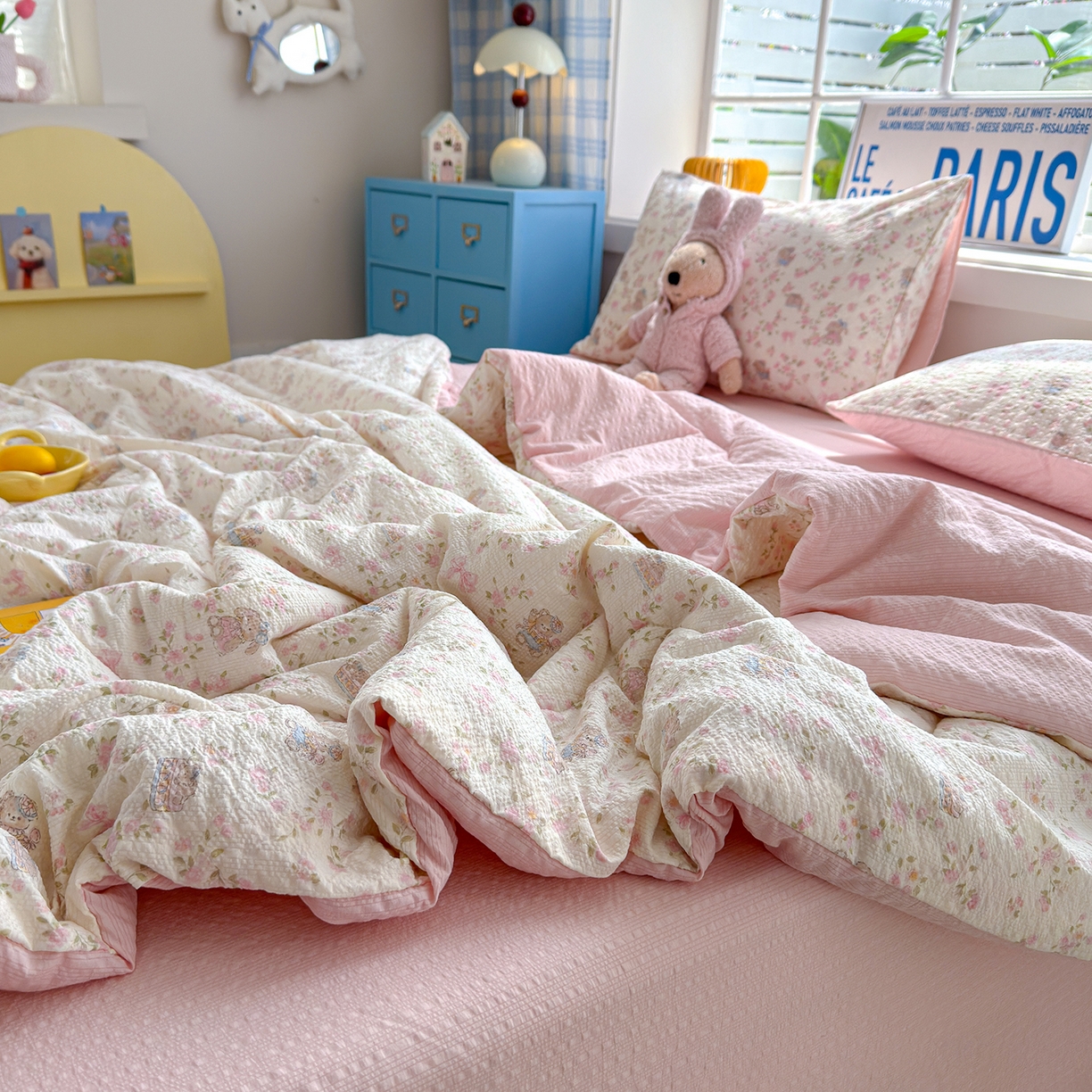 91家纺网 家纺一手货源 找家纺 玉海棠家纺 2026新款云感泡芙棉夏被空调被夏凉被四件套 樱花萌友