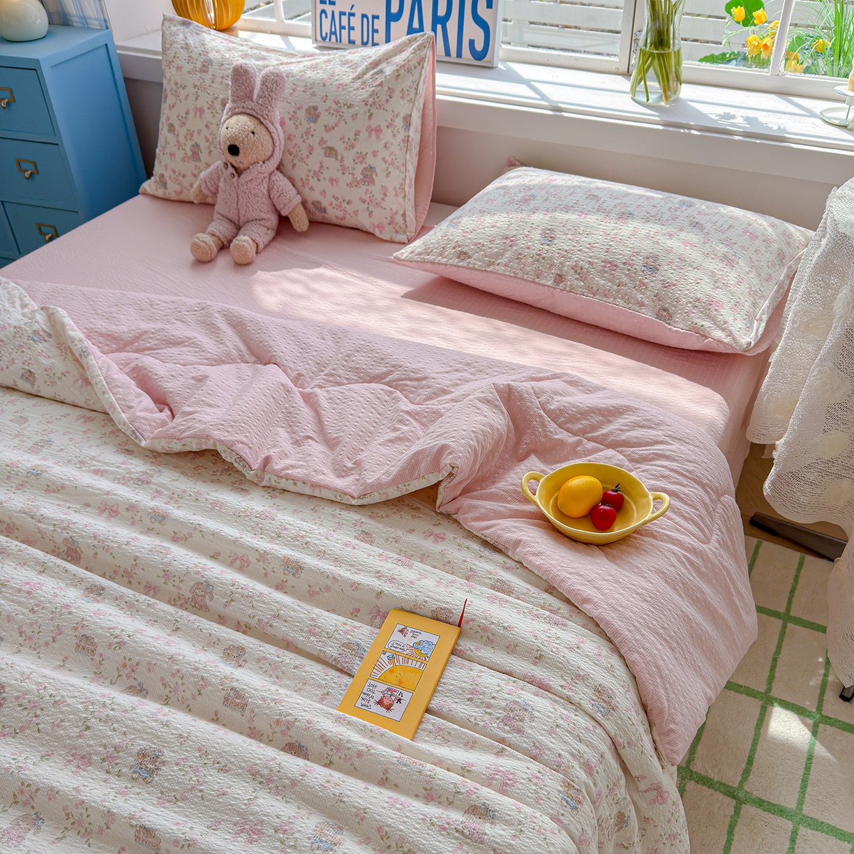 91家纺网 家纺一手货源 找家纺 玉海棠家纺 2026新款云感泡芙棉夏被空调被夏凉被四件套 樱花萌友