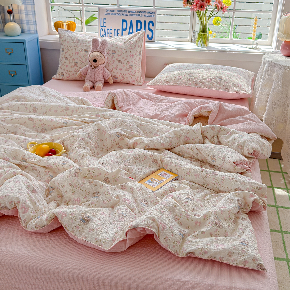 91家纺网 家纺一手货源 找家纺 玉海棠家纺 2026新款云感泡芙棉夏被空调被夏凉被四件套 樱花萌友