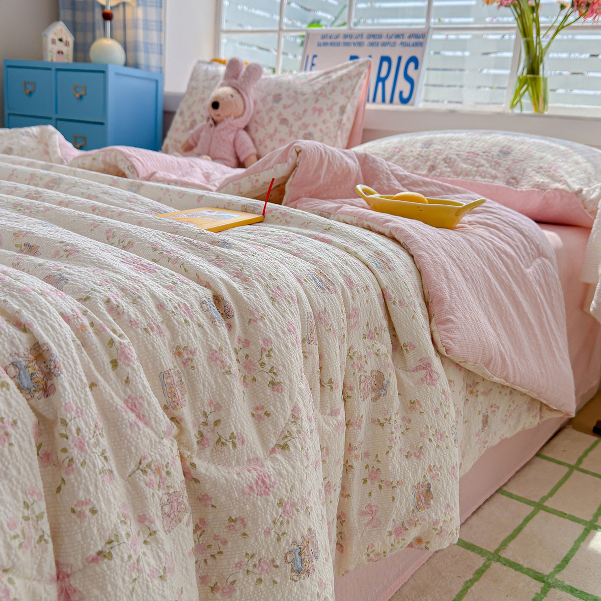 91家纺网 家纺一手货源 找家纺 玉海棠家纺 2026新款云感泡芙棉夏被空调被夏凉被四件套 樱花萌友